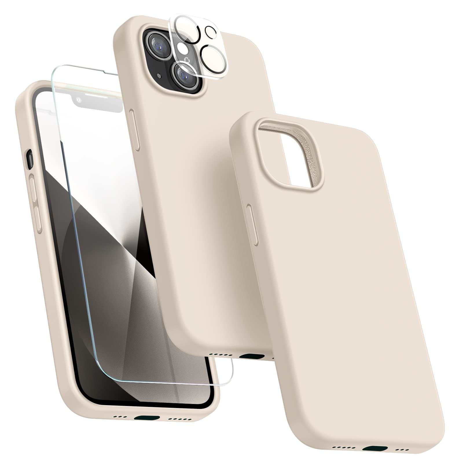 Dssairo 5 in 1 Designed for iPhone 13 Case, with 2 Pack Screen Protector,2 Pack Camera Lens Protector, Liquid Silicone Ultra Slim Shockproof Protective Phone Case Microfiber Lining 6.1,Stone