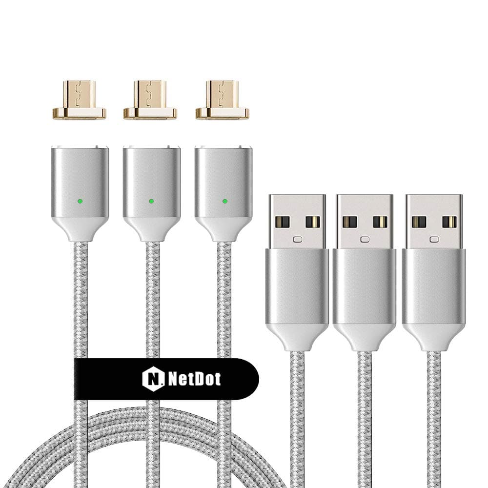 NetDot 3 Pack 2nd Generation 1.5m/5ft Fast Charging Magnetic Micro USB Cable With LED Indicator compatible with Android Device (1.5m/3 silver)