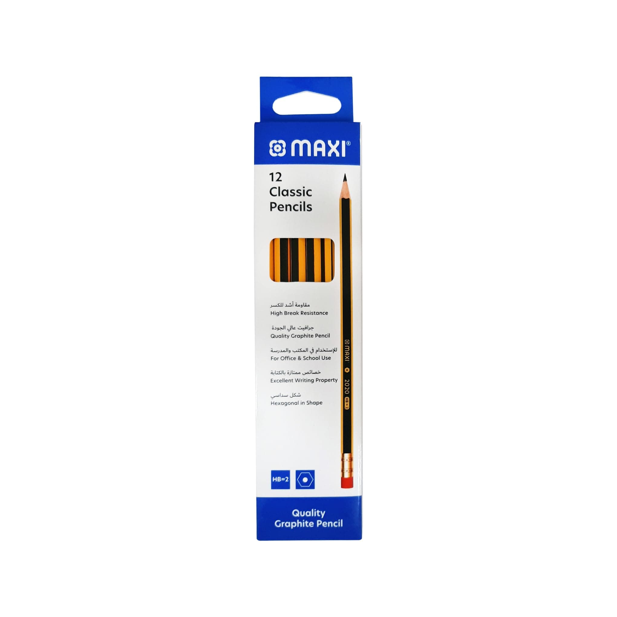 MAXI Classic Hexagonal Graphite Pencil HB With Rubber Tip, Box of 12, Black