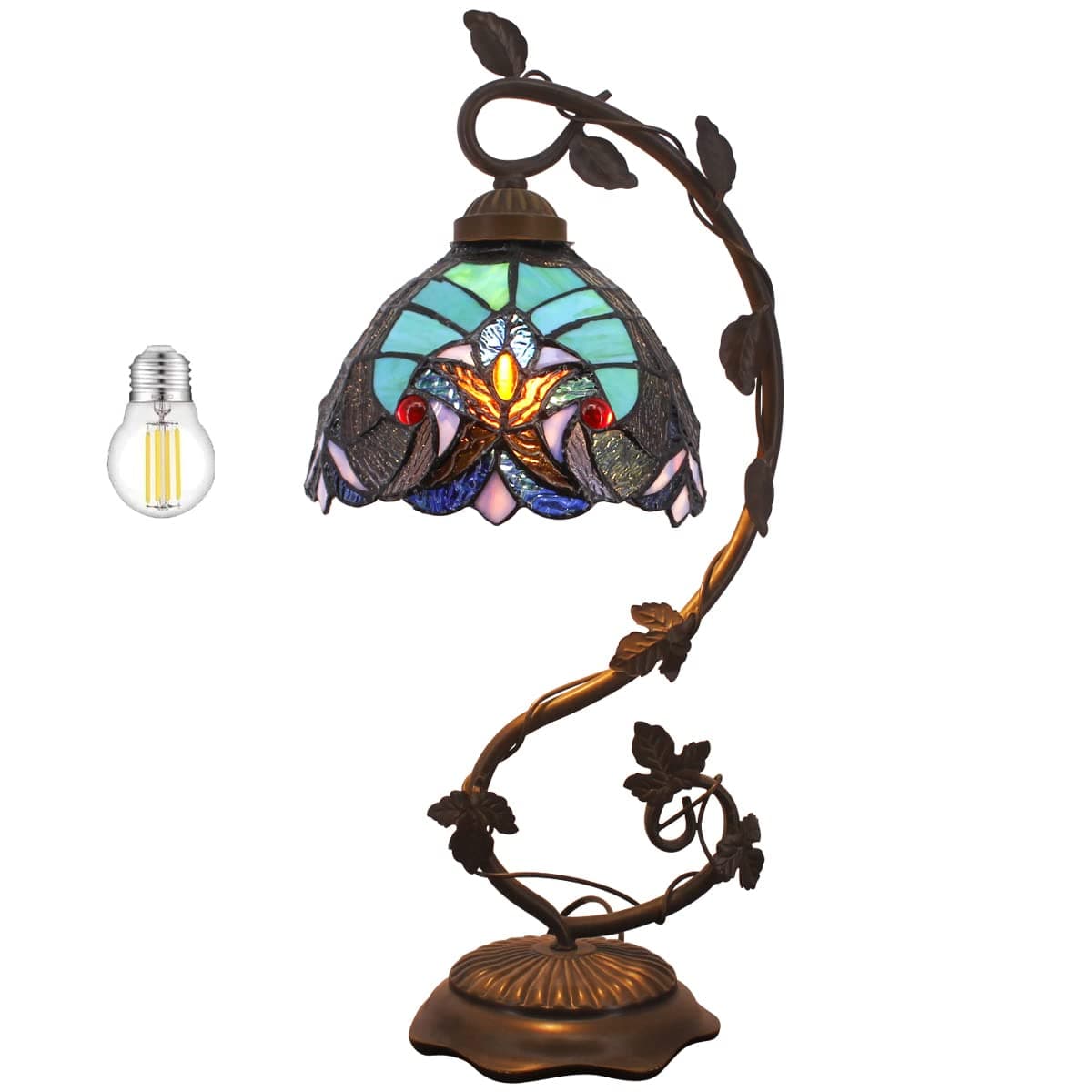 Stained Glass Lamp Tiffany Style Bedside Table Lamp Reading Desk Light, Metal Leaf Base 8X10X21 Inches Decor Small Space Bedroom Home Office S160G Series