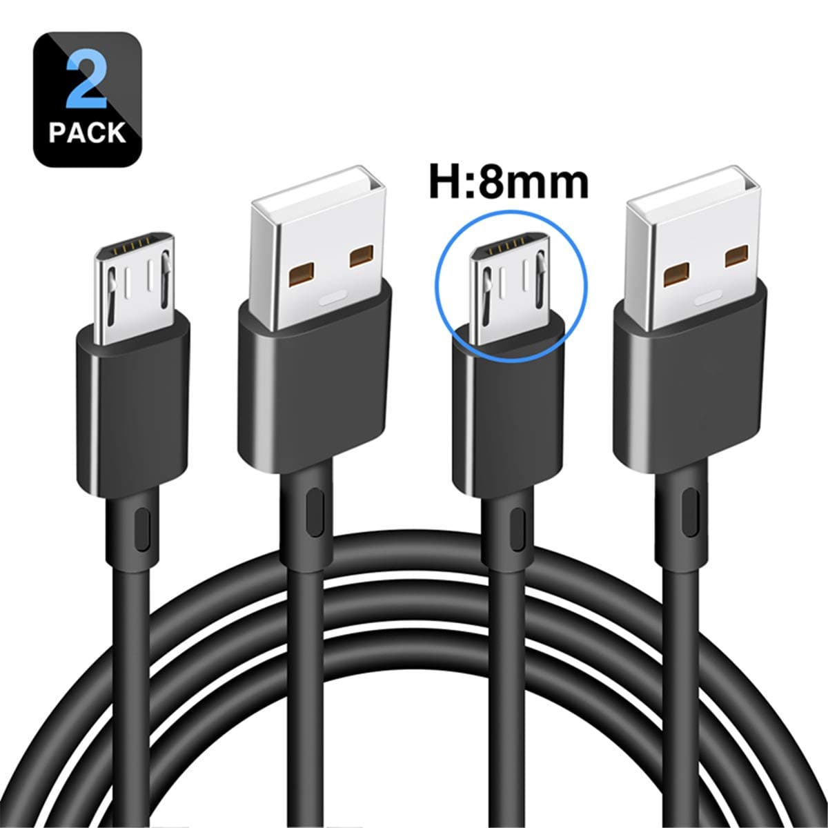 Micro USB Cable,AITEE 8-9mm Extended Tip PVC Data Transmission Cable for Rugged Phone,Android Phone,Tablet, Echo Dot, Waterproof Phone,Huawei,Samsung, Ulefone Armo and More (Black, 1M2PACK)