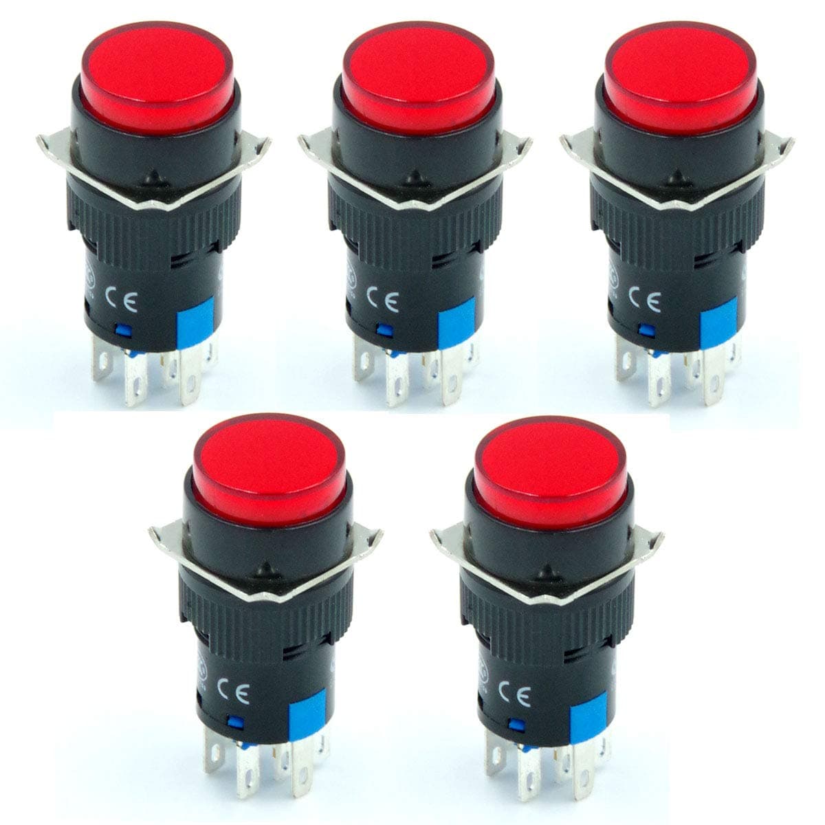 16mm 2NO 2NC Push Button Switch Momentary Round LED Lamp Red Light AC DC 6V 8 Pin 5 Pack