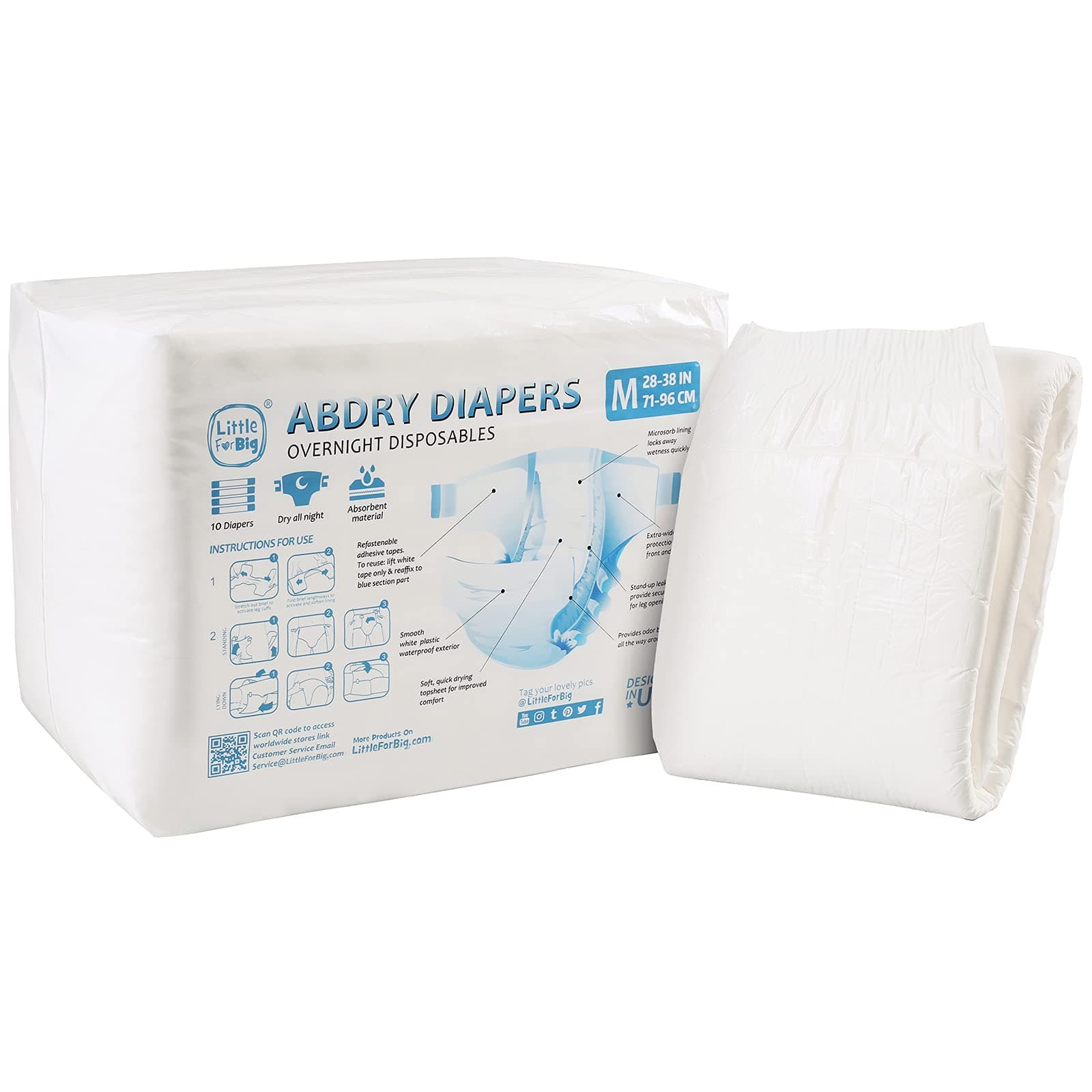 Adult Diaper 10 Pieces - ABDry New White Diapers (Medium 28"-38")