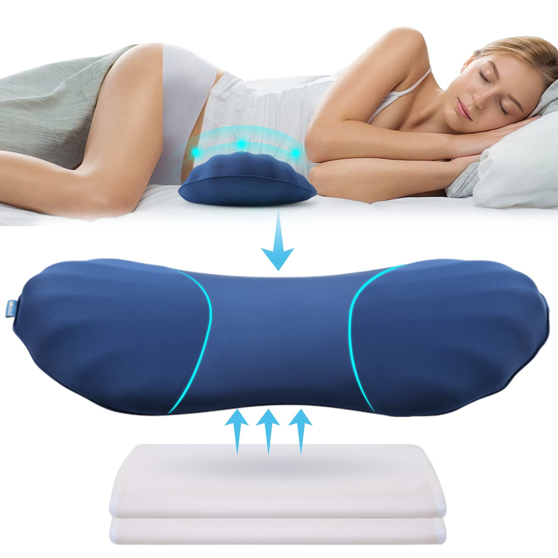 RESTCLOUD Adjustable Lumbar Support Pillow for Sleeping Memory Foam Back Support Pillow for Lower Back Pain Relief and Sleeping, Lumbar Support Pillow for Bed and Chair with 2 Insert Pads