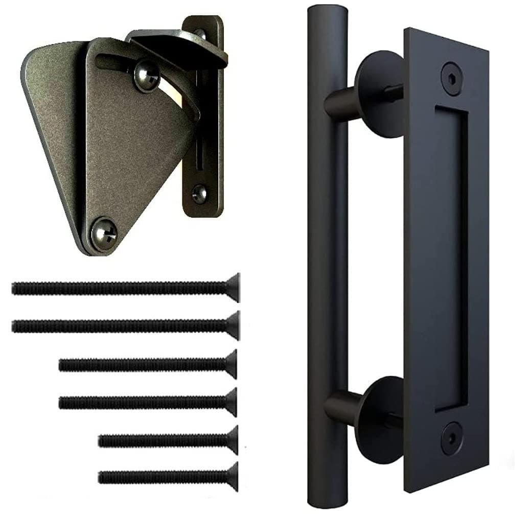 Pull and Flush Handle Set 12" with Door Lock for Sliding Barn Door. Flush Mount Back Plate. 3 Pairs of Different Length Screws. Frosted Black Satin Powder Coating Handle