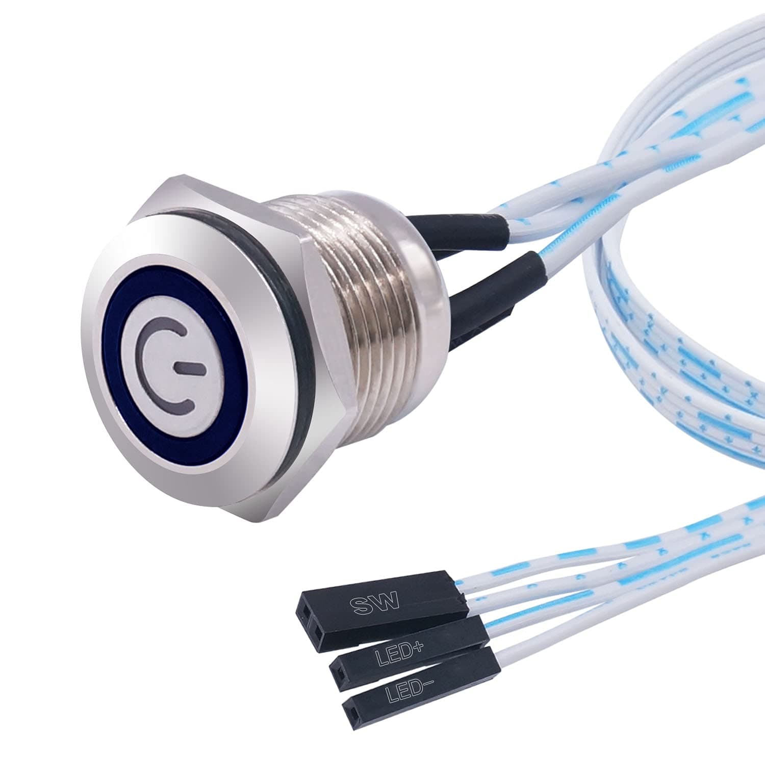 weideer 16mm Momentary Push Button Switch Metal Chassis Switch Waterproof 6V Blue Ring LED Power Symbol Light ON/OFF Switch With Wire for 16mm 5/8" Mounting Hole M-16-POWER-T-BU-X