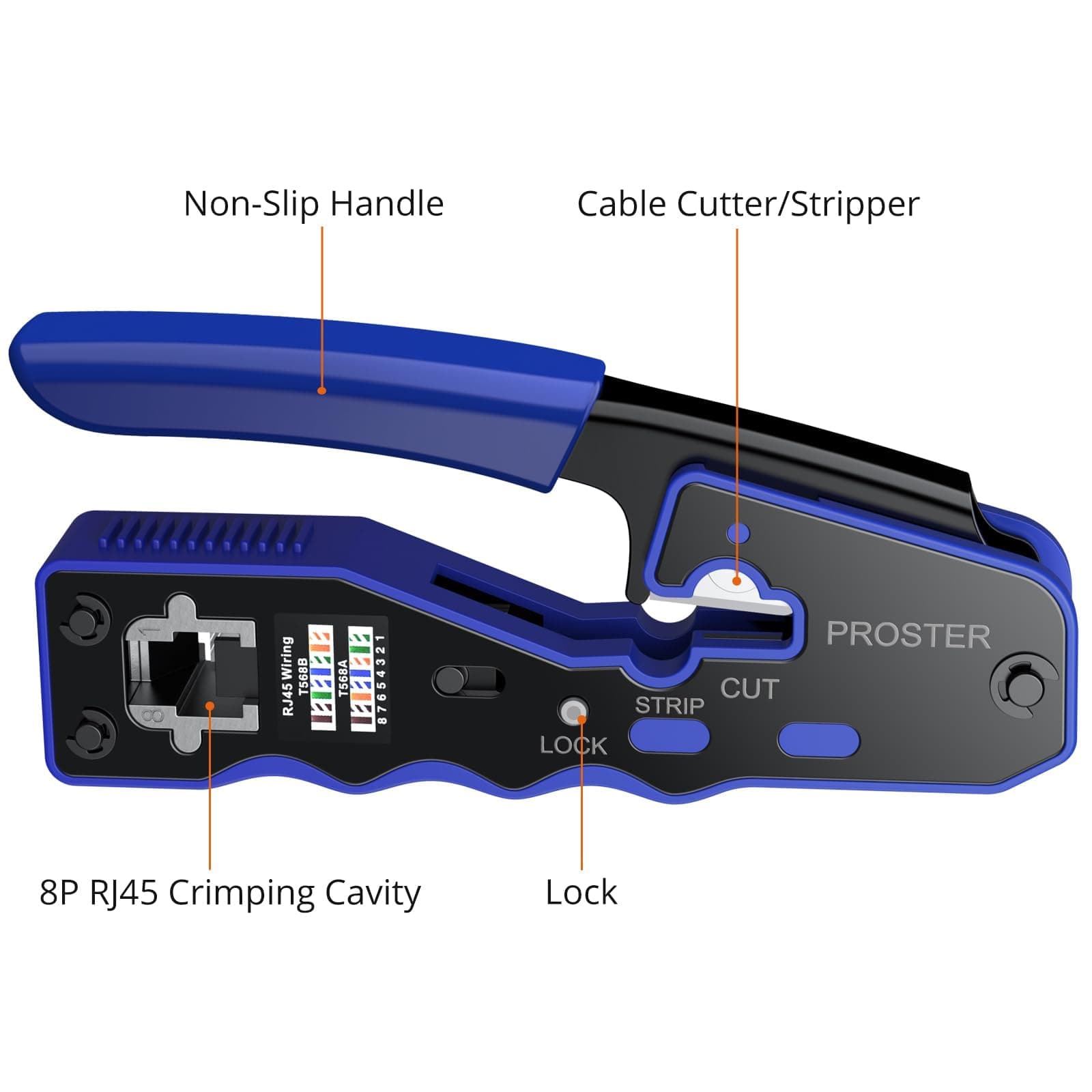 Proster RJ45 Pass Through Crimping Tool Wire Stripper Multifunction for Network Cable Crimping Tool Kit RJ45 Cat6 Cat5 Cat5e with 50 Cat6 Connectors and Protective Covers