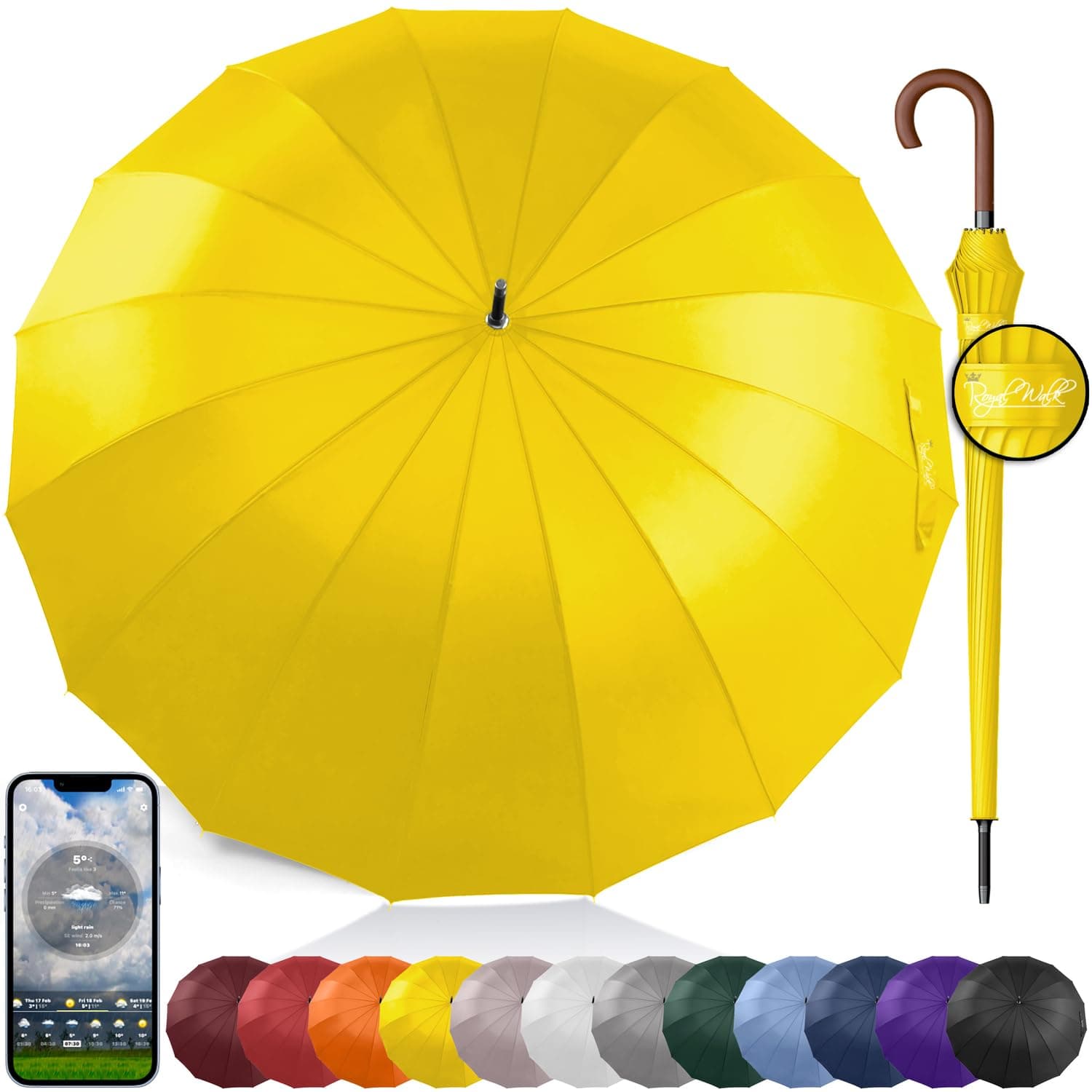 Royal Walk Large Umbrella for 2 Persons - 54 Inch Automatic Open, Windproof, Rain Resistant, Wooden Handle, Fast Drying, Strong 16 Ribs, Travel 120cm, Yellow