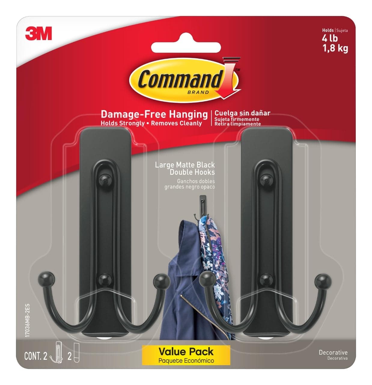 Command 17036MB-2ES Large Wall Hooks, 2 Pack, Matte Black