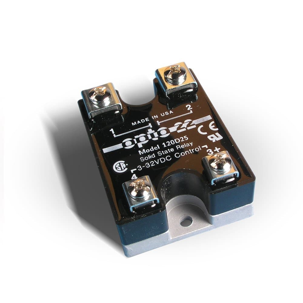 120D25 DC Control Solid State Relay, 120 VAC, 25 Amp, 4000 V Optical Isolation, 1/2 Cycle Maximum Turn-On/Off Time, 25 - 65 Hz Operating Frequency