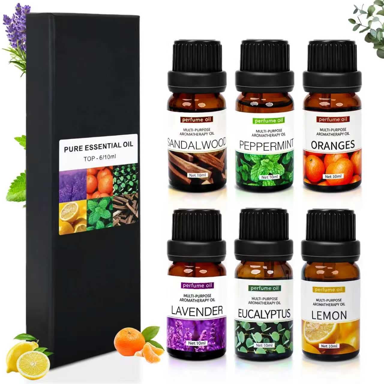 Essential Oils Set, Premium Pure Oil for Diffusers, 100% Therapeutic Grade Aromatherapy Oils, Sandalwood, Sweet Orange, Lavender, Eucalyptus, Lemon, Mint - Bottles*10mL x 6