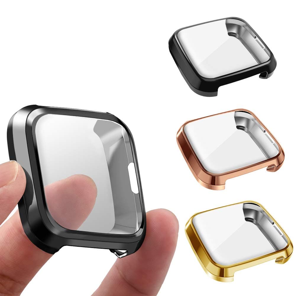 3 Packs Screen Protector Compatible Fitbit Versa Lite Edition, GHIJKL Ultra Slim Soft Full Cover Case for Fitbit Versa Lite Edition, Black, Rose Gold, Gold