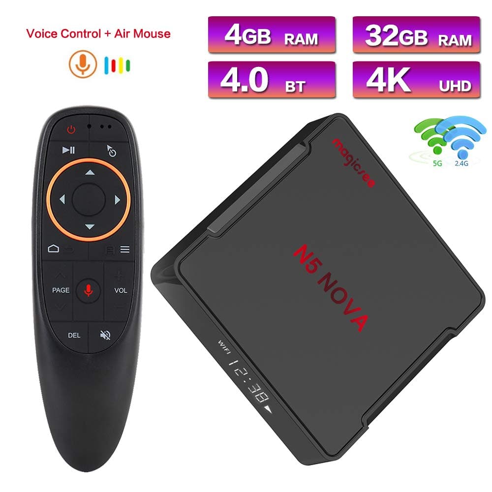 Magicsee N5 Nova Android 9.0 TV Box with Google Voice Air Remote Control, 4GB Ram 32GB Rom RK3318 Quad-Core WiFi 2.4Ghz/5Ghz Bluetooth 4.0 USB 3.0 Miracat DLNA Airplay