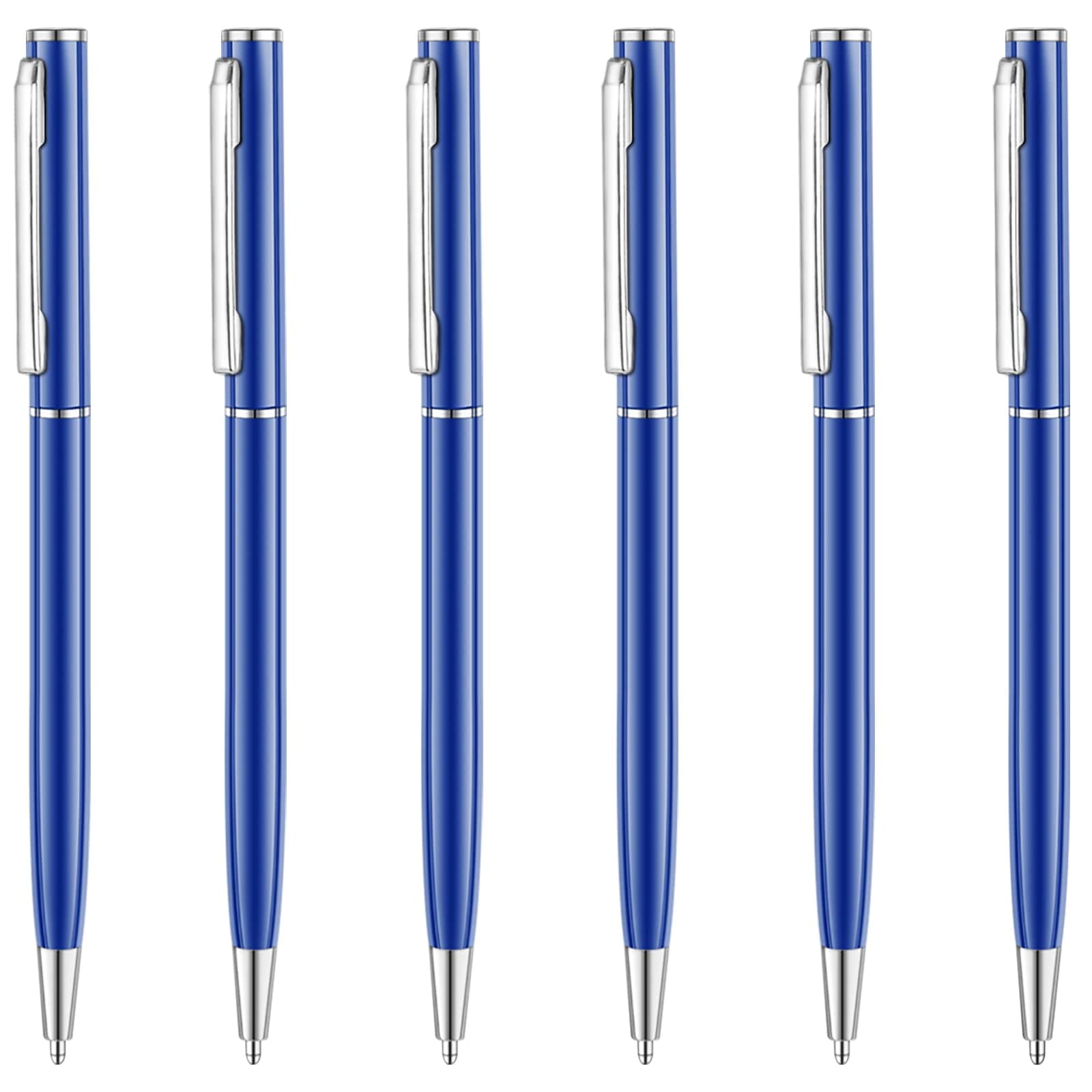 6 Pack Glossy Blue Slim Metallic Retractable Ballpoint Pens, 1.0mm Medium Point Black Ink with 6 Stainless Steel Refills for Business Office, Gift