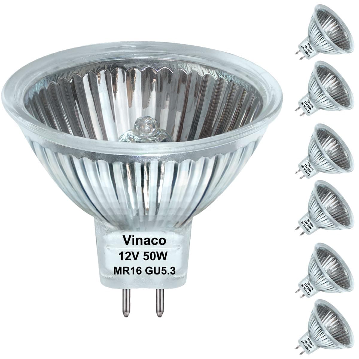 - Vinaco MR16 Halogen Bulb 50W 12V, 6p Pack MR16 Bulb Dimmable, Long Lasting MR 16 GU5.3 50Watt Bulb, 2800K Warm White with GU5.3 Base, Halogen 12V 50w for Landscape, Track Lights, and Fiber Optics