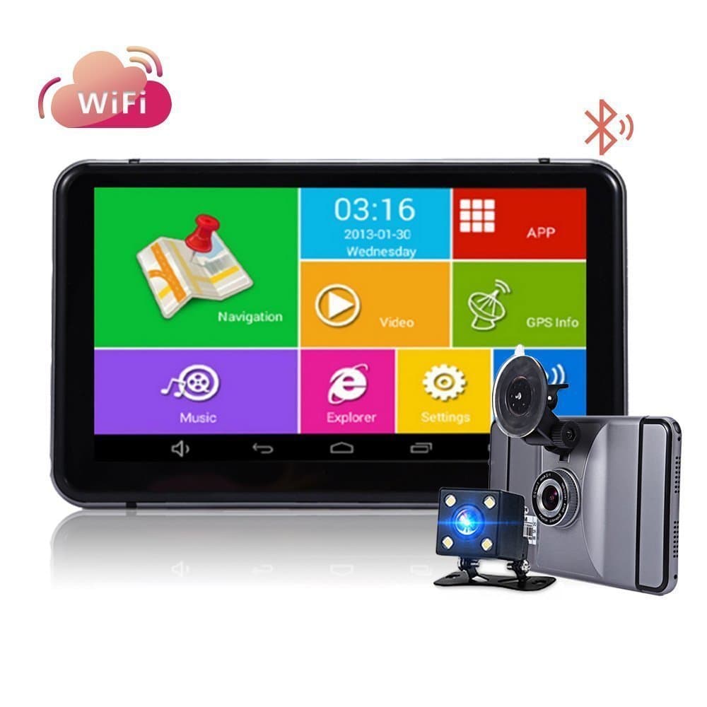 Car GPS Navigation (Build-in Camera) Bluetooth Android 7 inch LCD Touch Screen SAT NAV WIFI Quad-core Truck vehicle gps Two Lens Cameras, Free Lifetime Map Updates,Preloaded Maps Music/Movie Player Mu (Build-in Camera)