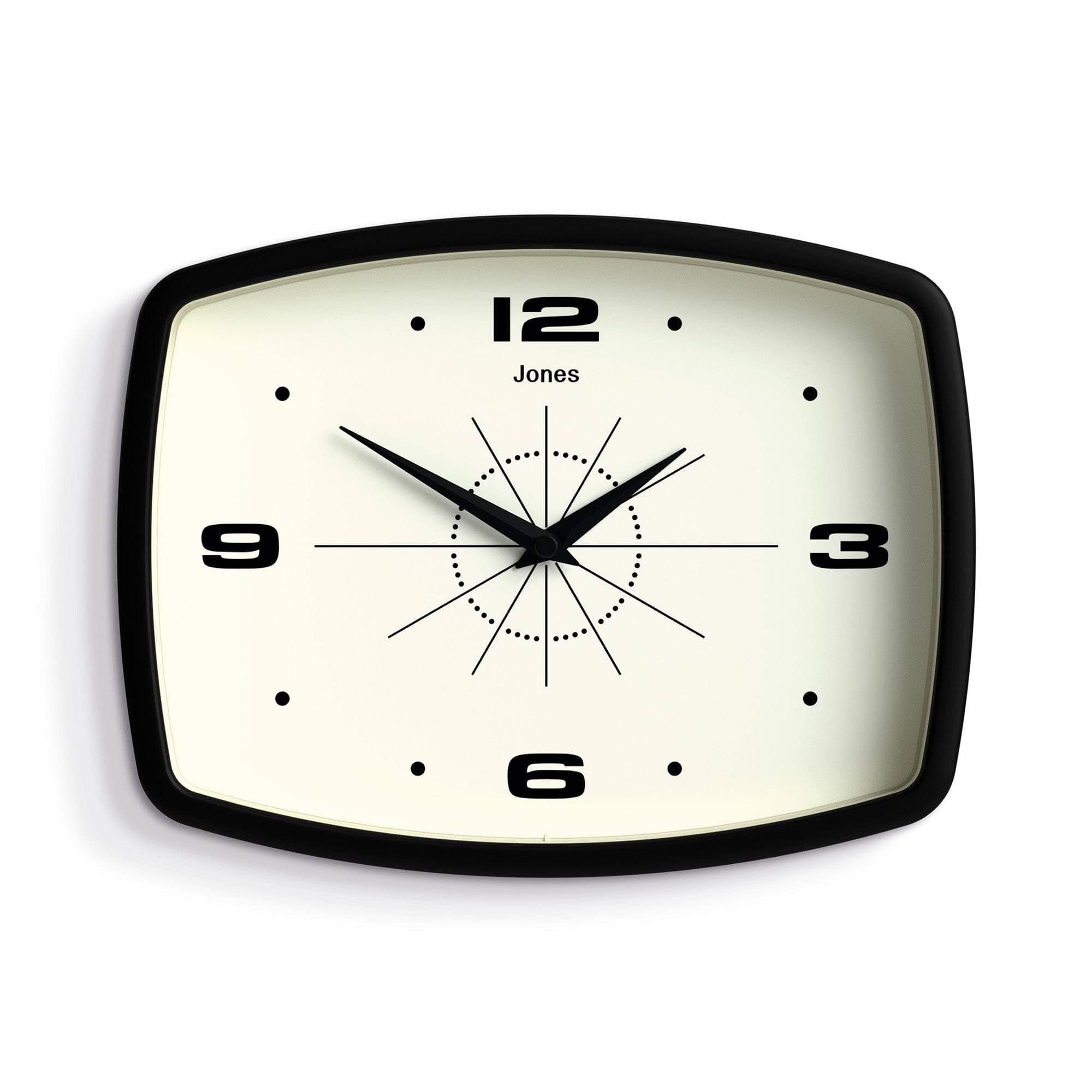 JONES CLOCKS® Movie wall Clock | Retro Rectangular Clock | 10 inch | Black | Cool mid-Century Designer Look for Kitchen, Living Room or Office