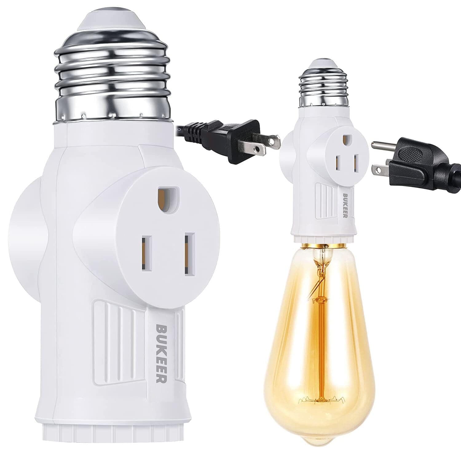 Bukeer E26/E27/B22 Light Socket to Plug Adapter, 2/3 Prong Light Socket Outlet for Patio, Garage, Porch(1 Pack)