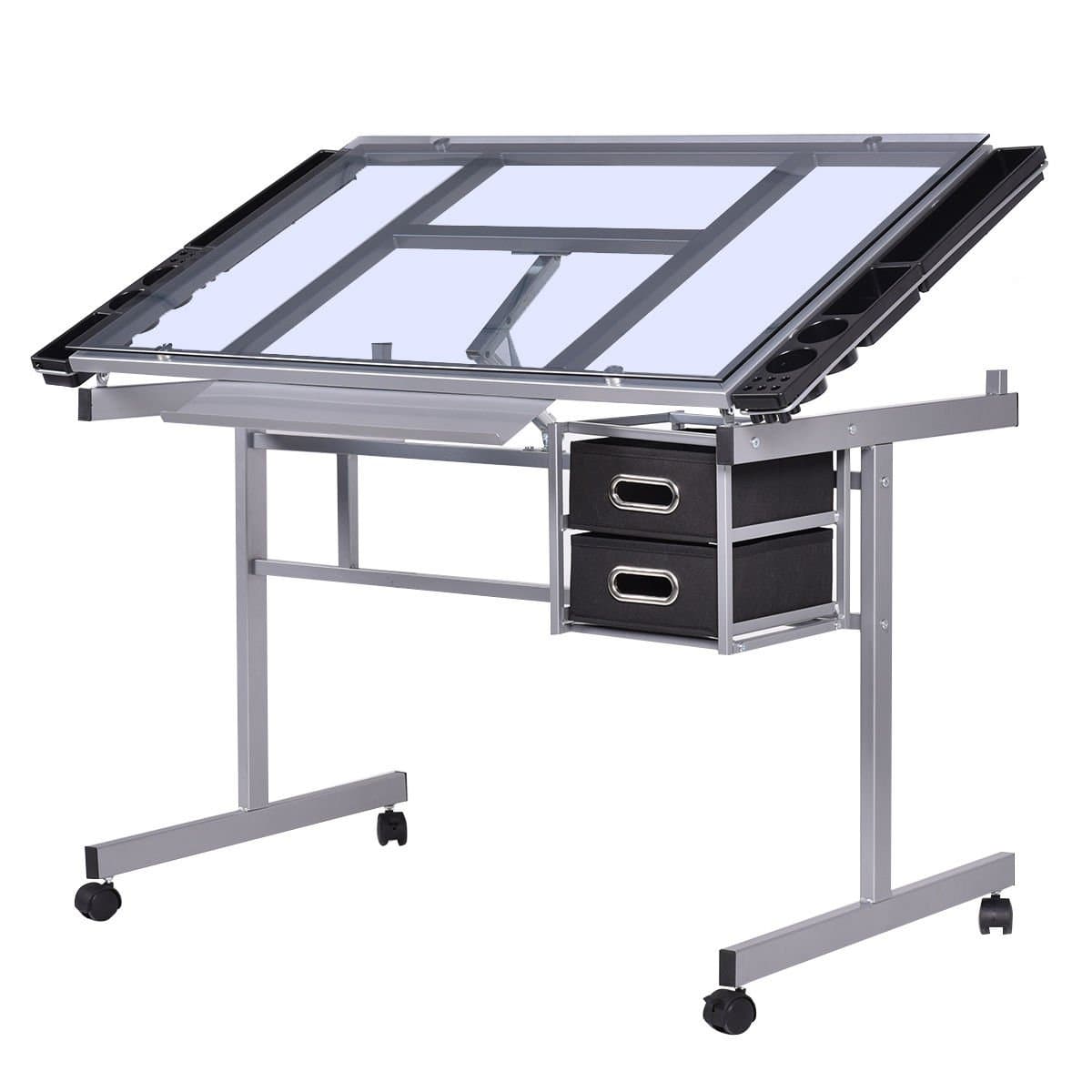 Adjustable Drawing Desk Rolling Drafting Table Glass Top Durable Portable Convenient Design