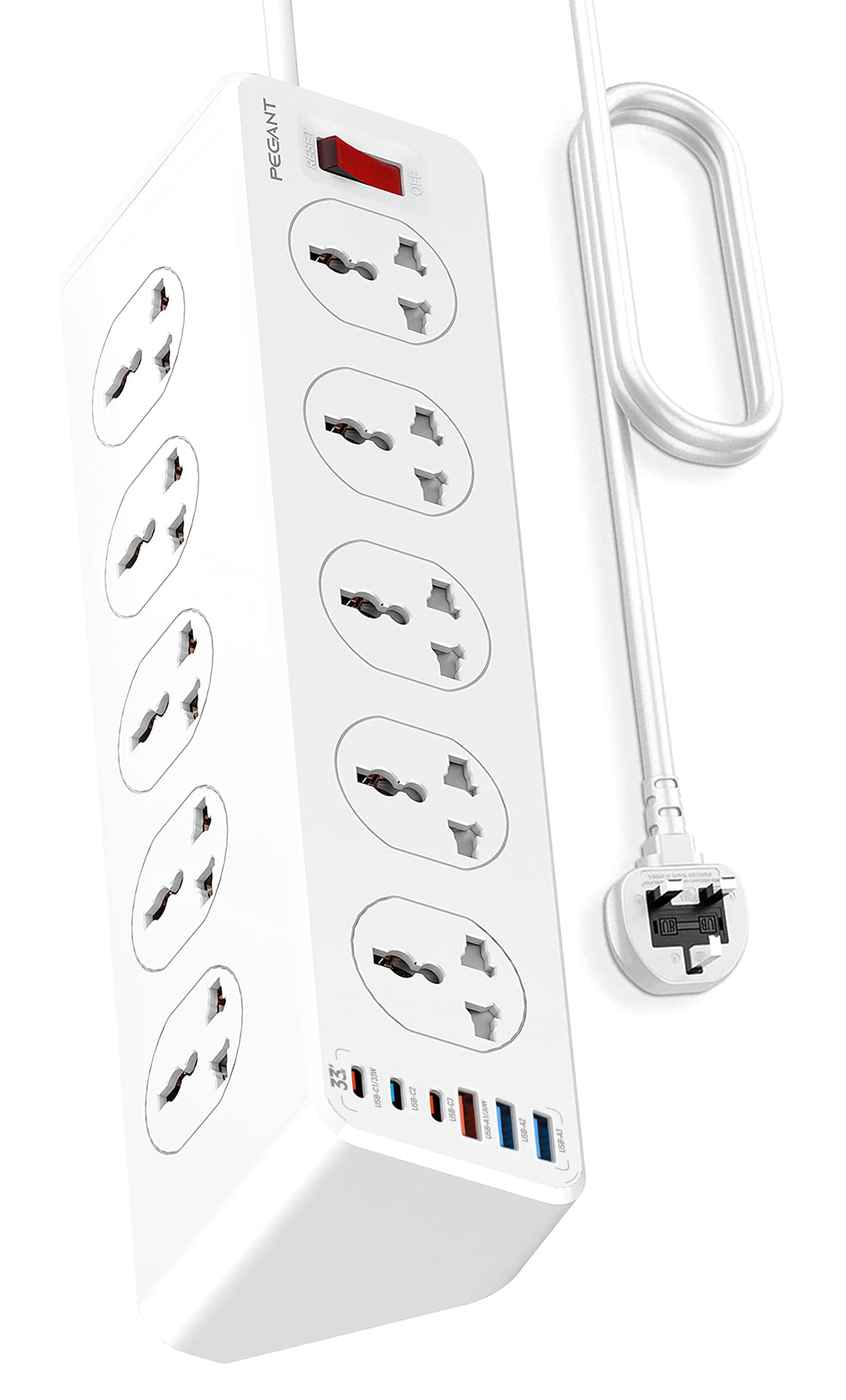 PEGANT 10 Way 2M 6 USB Power Extension Cord Surge Protector Strip Heavy Duty Universal Electrical Socket 3 USB-C, 3 USB-A PD 33W Max (2M)