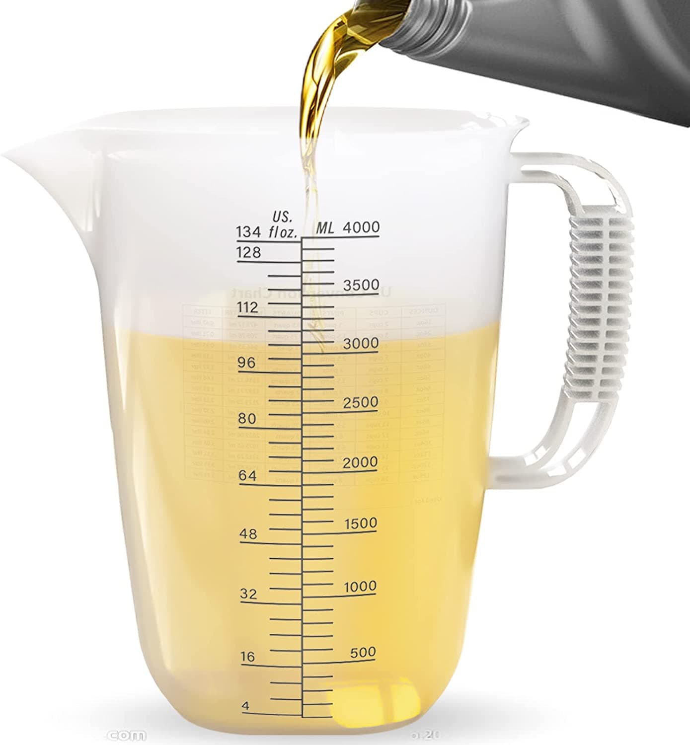 WhiteRhino 1 Gallon 134oz Measure Pitcher,US Conversion Chart, Extra Large Plastic Measuring Cup-Strong Food Grade, Graduated Mixing Pitcher for Lawn, Pool Chemicals,Home Hobbies,Motor Oil and Fluids