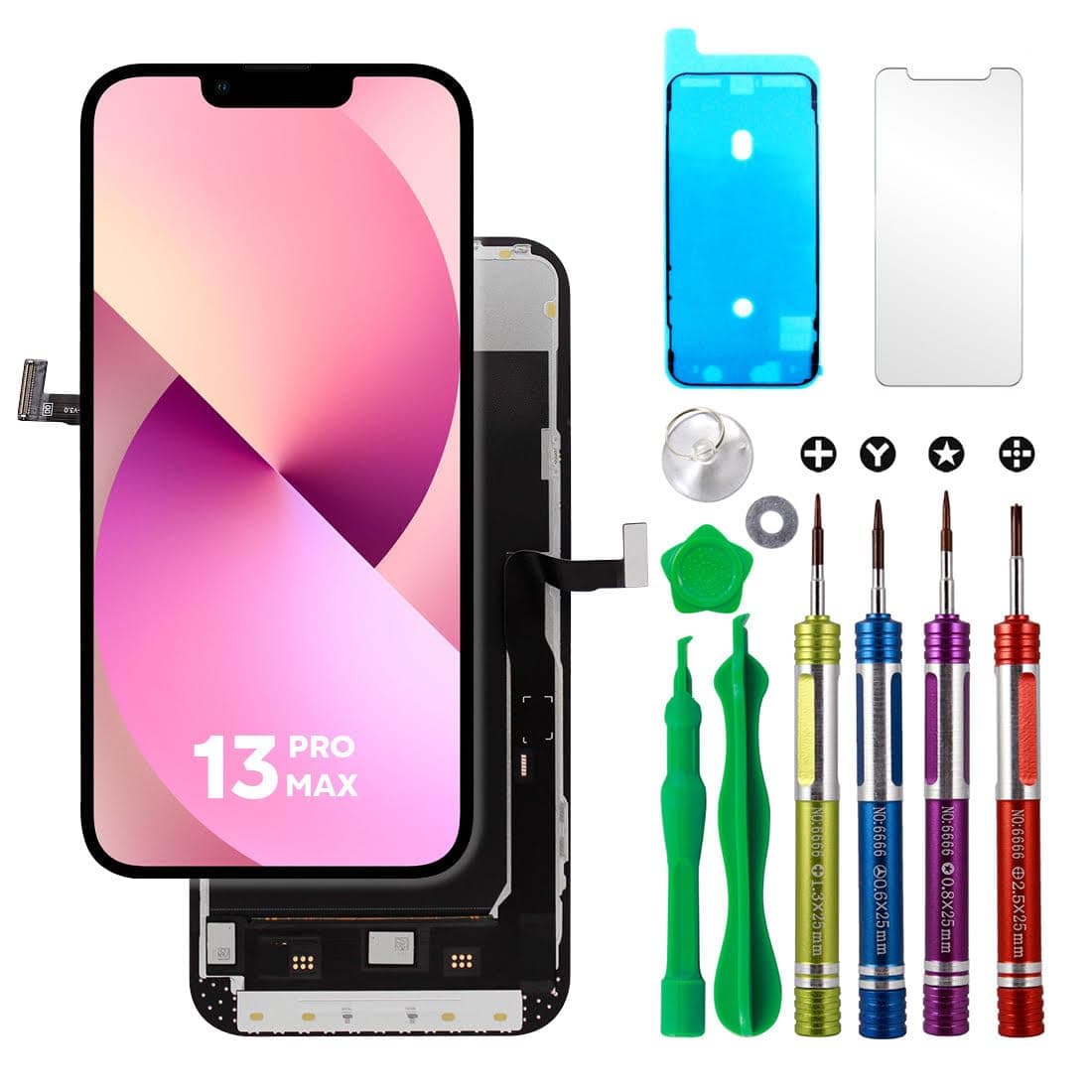 LCD Screen Replacement for iPhone 13 Pro Max (A2484, A2641, A2644, A2645, A2643) 6.7 inch Touch Screen Display Digitizer Frame Assembly W/Repair Kit + Tempered Glass + Adhesive