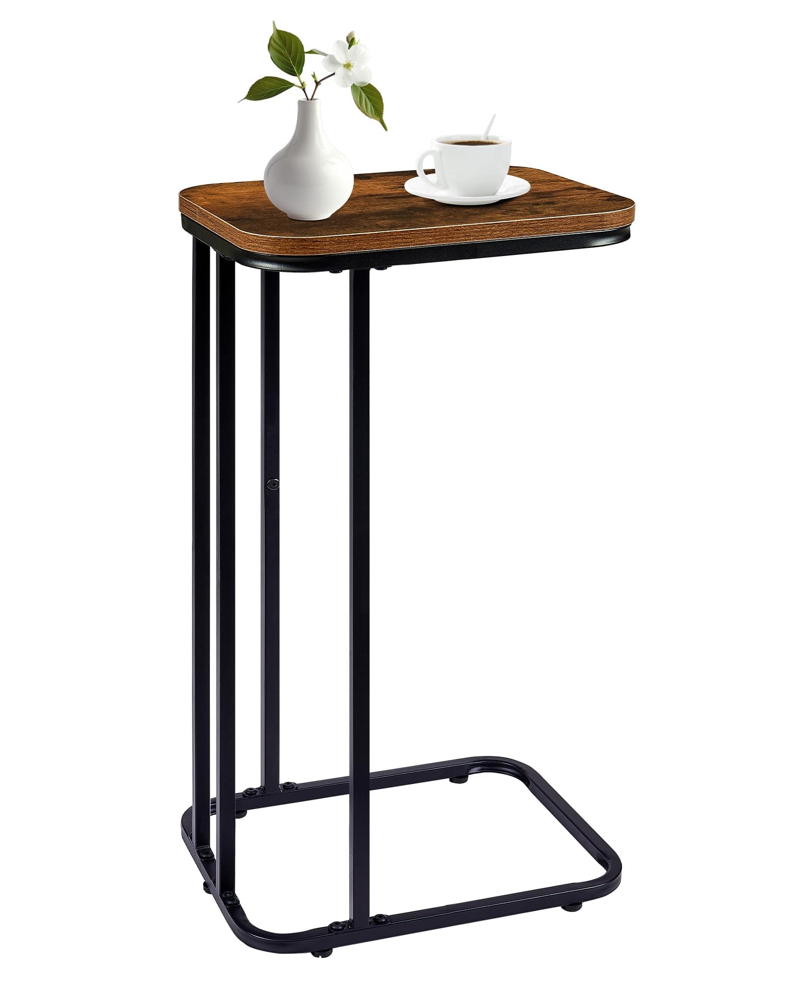 C Shaped End Table, 27 Inches High Small Side Table for Sofa and Bed, Couch Table Slides Under, Tall Tv Tray Table for Living Room, Bedroom, Metal Frame, Rustic Brown & Black