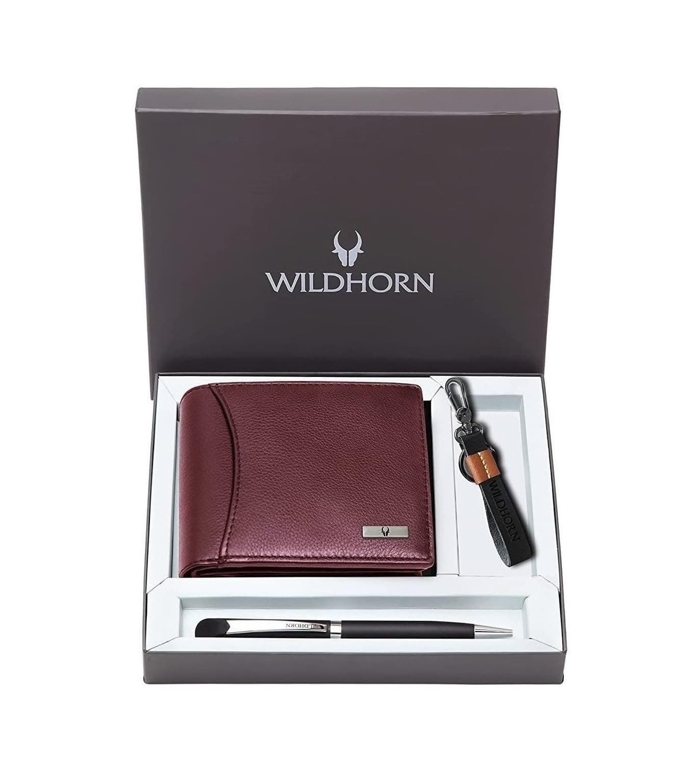 WildHorn Gift Hamper for Men I Top Grain Leather Wallet, Keychain & Pen Combo Gift Set I Gift for Friend, Boyfriend,Husband,Father, Son etc, Maroon M, M, Contemporary