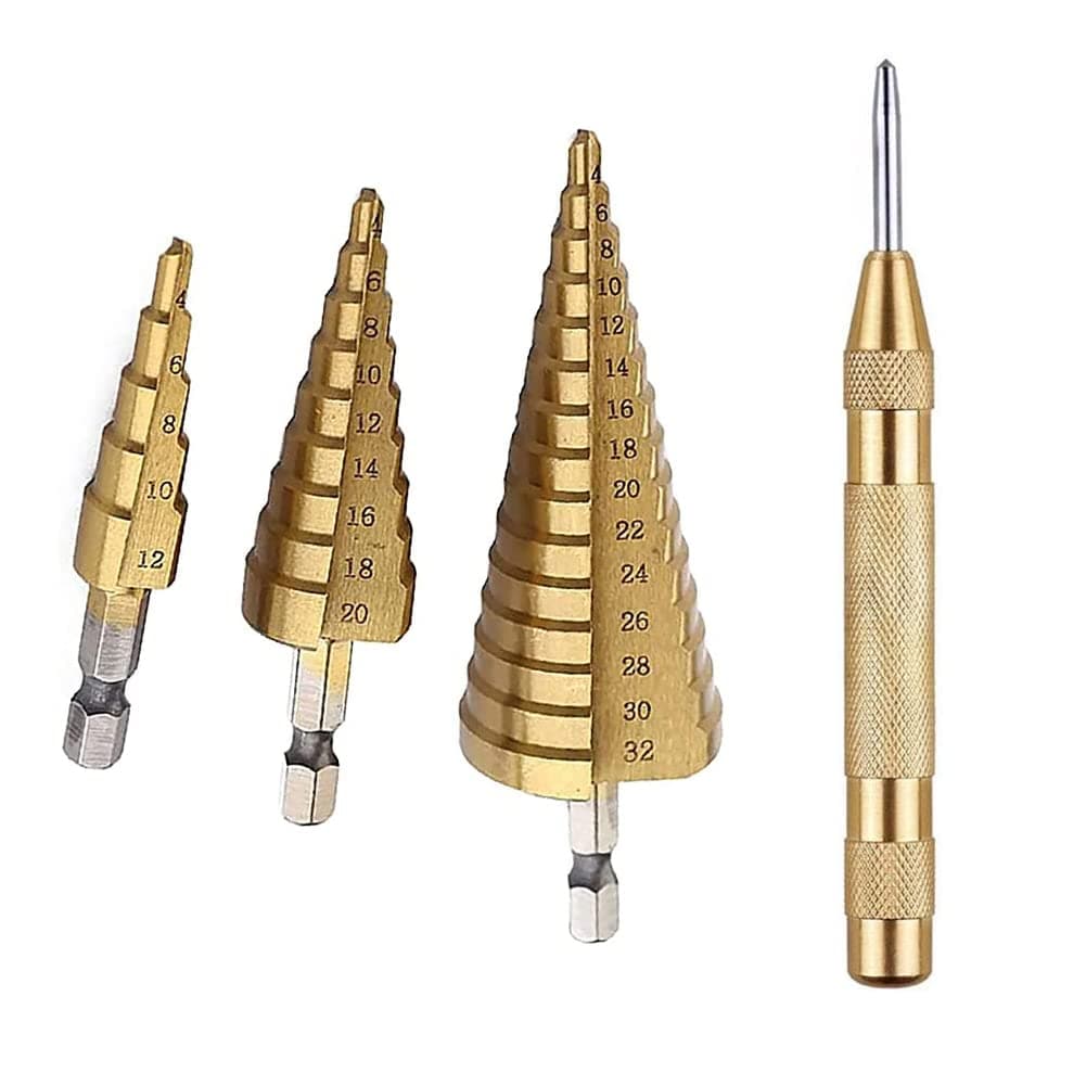 3Pcs High-Speed Steel Step Drill Bit Set with Automatic Spring Loaded Center Punch, 4-12mm/4-20mm/4-32mm Drill Bits Set for Sheet Metal Hole Drilling