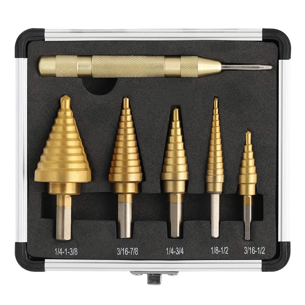 TAICHIV HSS 5PCS Titanium Step Drill Bit Set with Automatic Center Punch, 50 Sizes in 5 High Speed Steel Drill Bits Set for Sheet Metal with Aluminum Case, Multiple Hole Stepped Up Bits