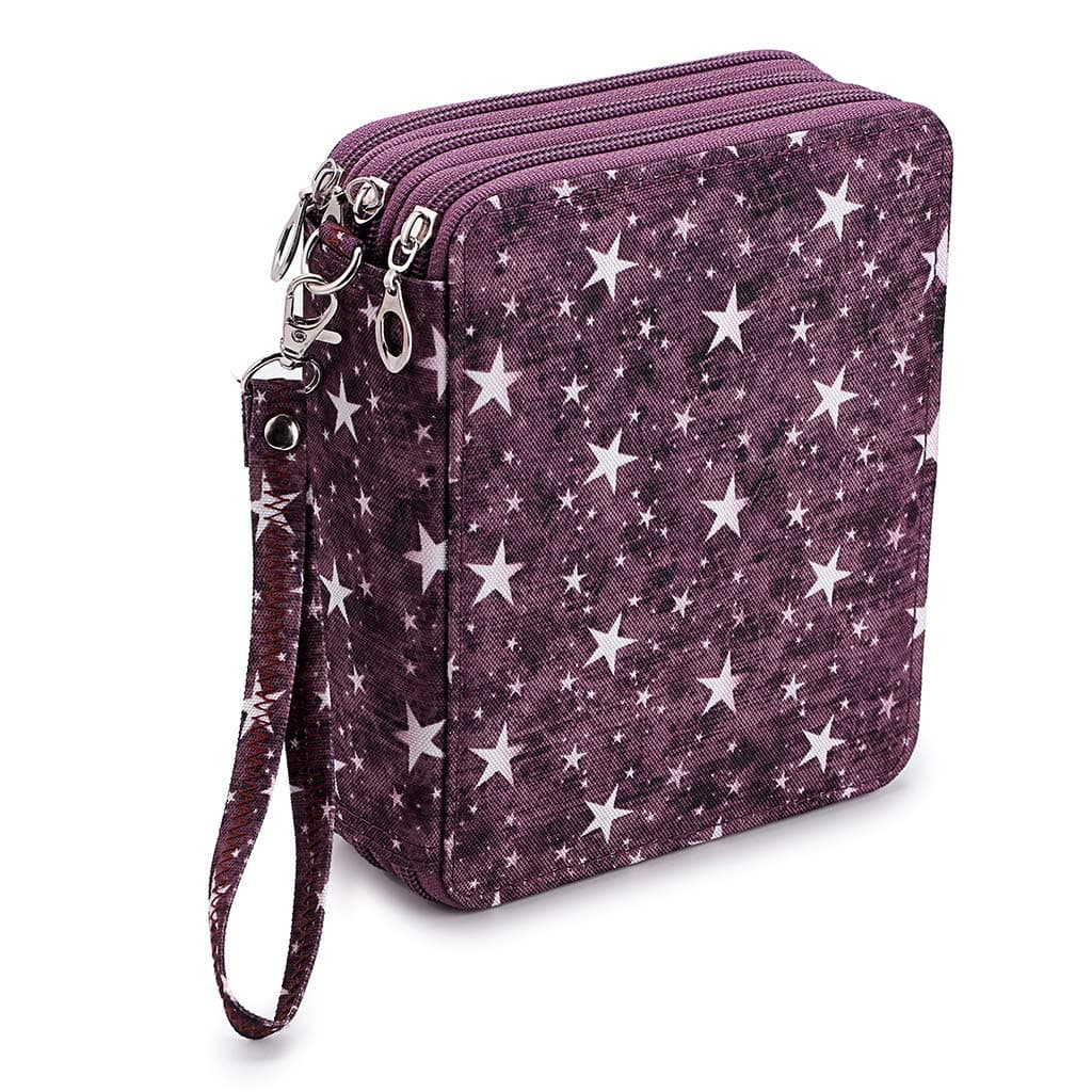 BTSKY Canvas Zippered Pencil Case - 72 Slots with Printing Pattern for Prismacolor, Crayola, Marco Pencils - Purple Stars