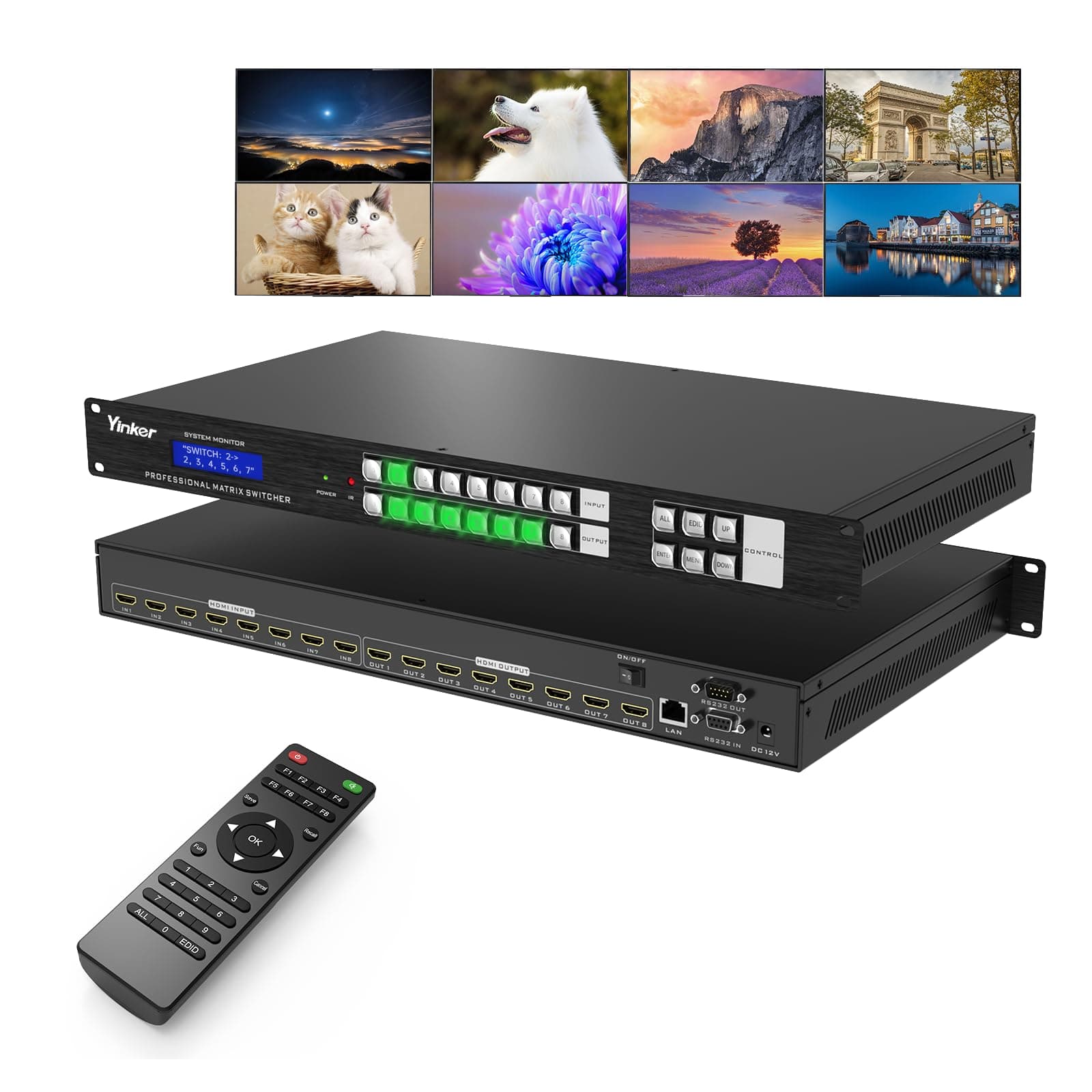8x8 HDMI Matrix 4K, 8 in 8 Out HDMI Matrix Switcher & Splitter Rackmountable, Supports 4K@30Hz EDID HDCP, Backlit Arcylic Button/IR/RS232/LAN