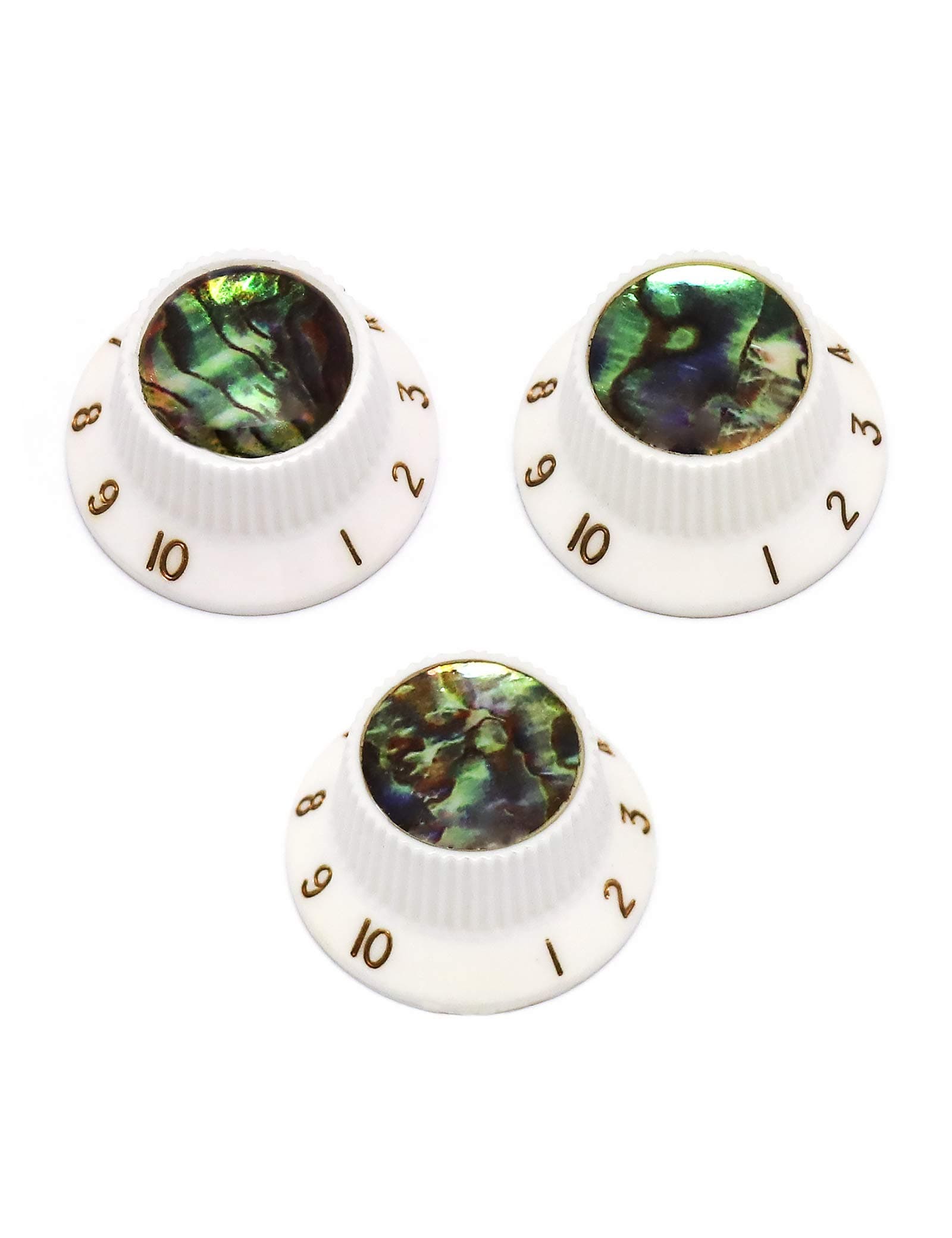Rubatone Guitar Knobs Abalone Top Speed Control Knobs 6mm Shaft Pots Volume Tone Knob Compatiable with Strat Stratocaster Electric Guitar Set of 3Pcs White.