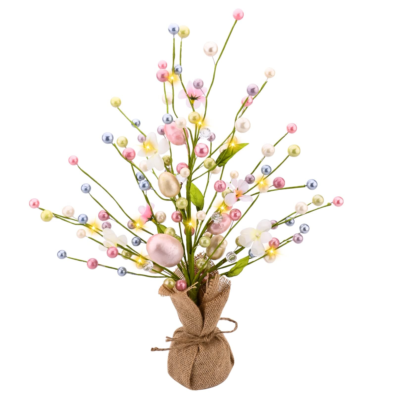 Jodsen Easter Lighted Tree 46cm LED Decorations Eggs Ornament Tabletop Twig with Lights up Artificial Decorative Centerpieces for Birthday Home Party Spring Decor, Colourful