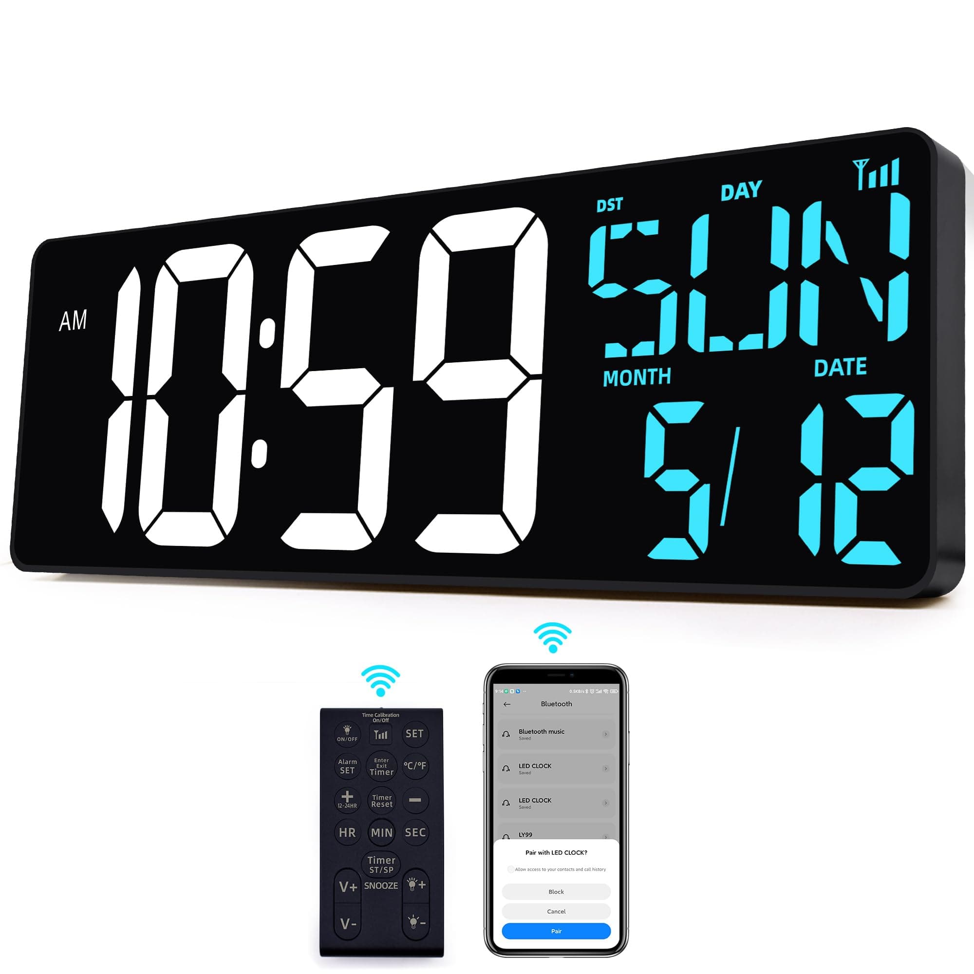 TXL Digital Wall Clock Large Display Auto DST, 16.5" LED Large Digital Clock with Date&Temperature, Digital Timer Clock with Remote Control, Big Wall Mounted Clock, Adjustable Brightness Alarm Clock