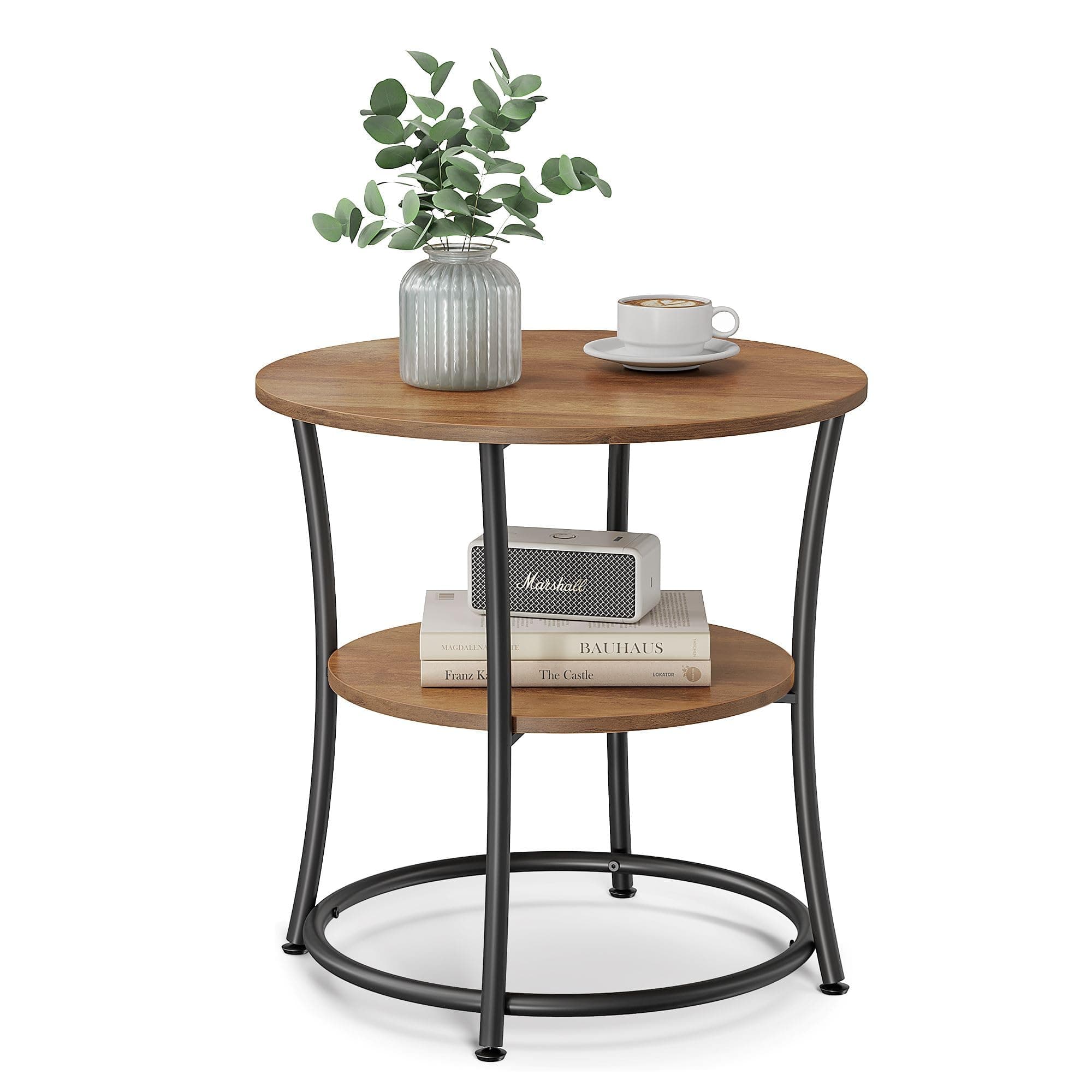 VASAGLE 21.7-Inch Round Side Table, 2-Tier End Table, Nightstand with Steel Frame, Spacious Top, for Small Spaces, Living Room, Bedroom, Honey Brown and Ink Black ULET056B41