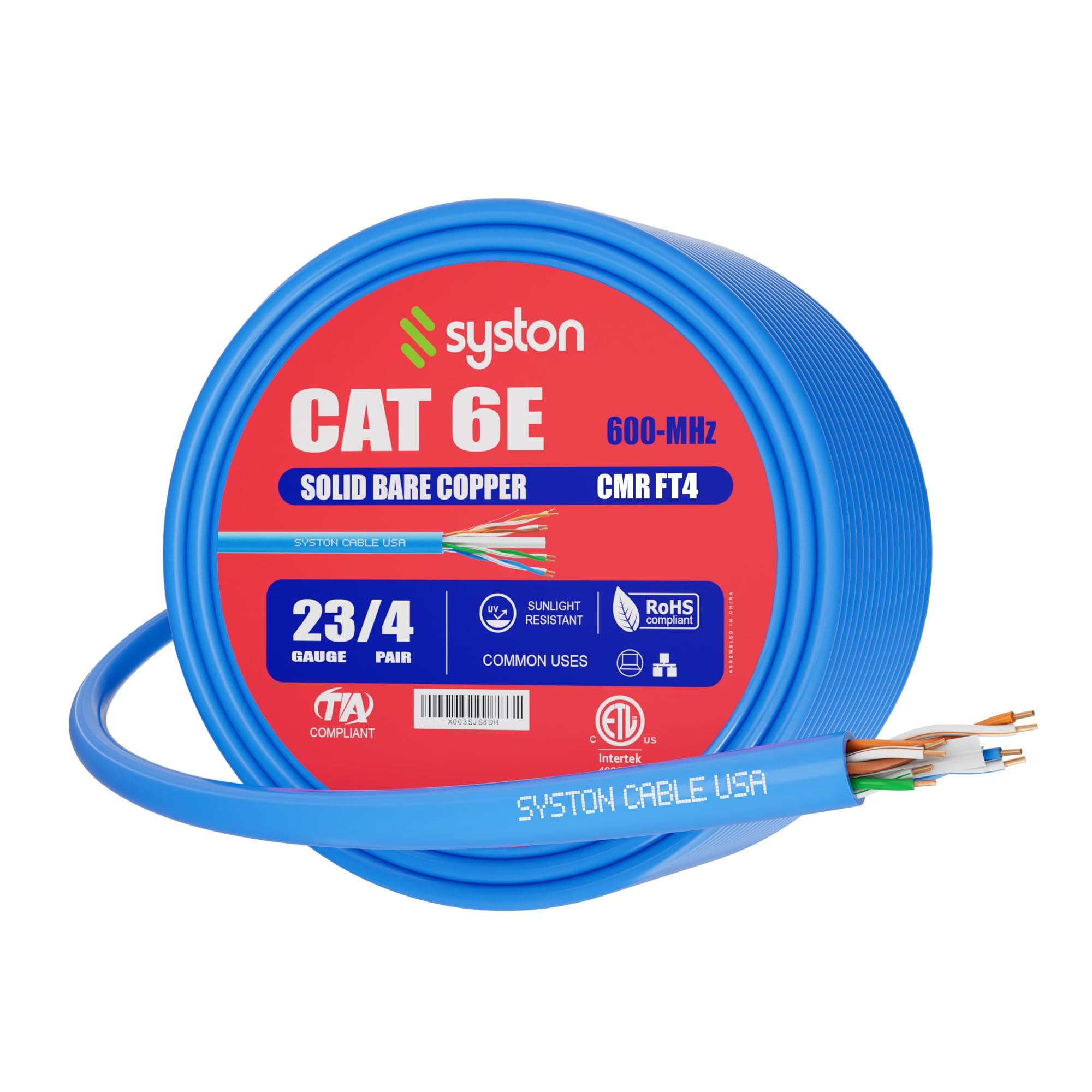 Syston Cable Technology Cat 6E Ethernet Network Cable - 100 FT,600MHz 23AWG Solid Bare Copper Wire Outdoor/Indoor, Bulk No Ends 10 Ft to 1000 Ft Available, Heat Resistant Riser Rated - CMR