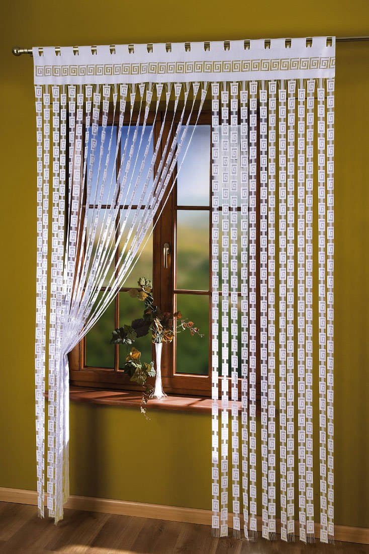 MforStyle Thick String Curtain Panel White Greek Key 59" width x 98" drop Window Door Decoration Fringe Blind Tassels