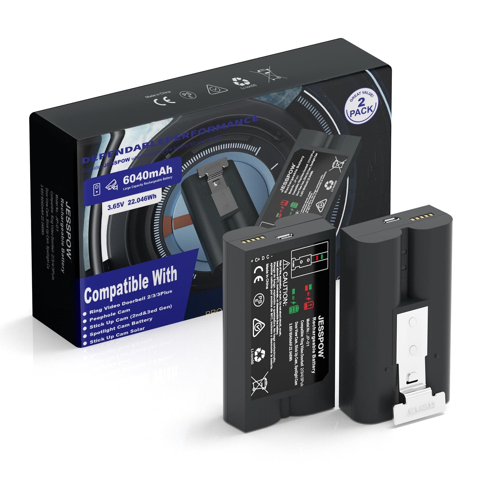 2-Pack 6040mAh Rechargeable Battery with Ring, Replacement Battery for Ring-Doorbell Camera 2/3/4, Spotlight Camera and Stick Up Cam,Rechargeable Upgraded Lithium Li-ion Batteries 3.65V Camera Indoor