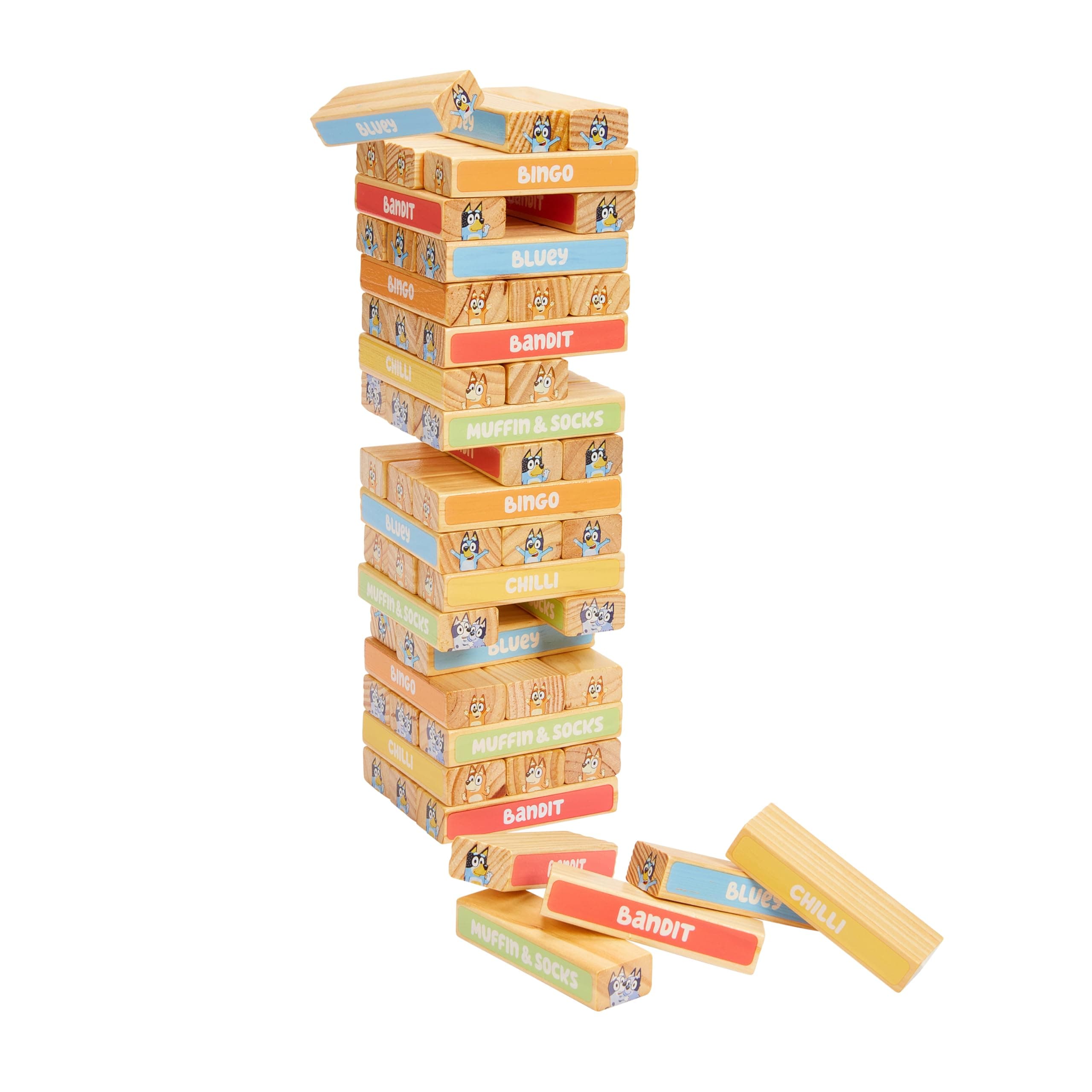Bluey 8th Wonder Stackable Tumbling Tower Game, Robust Wooden Stacking Game with 54 Illustrated Colored Blocks, Fun Balancing Toy for Kids Ages 3+