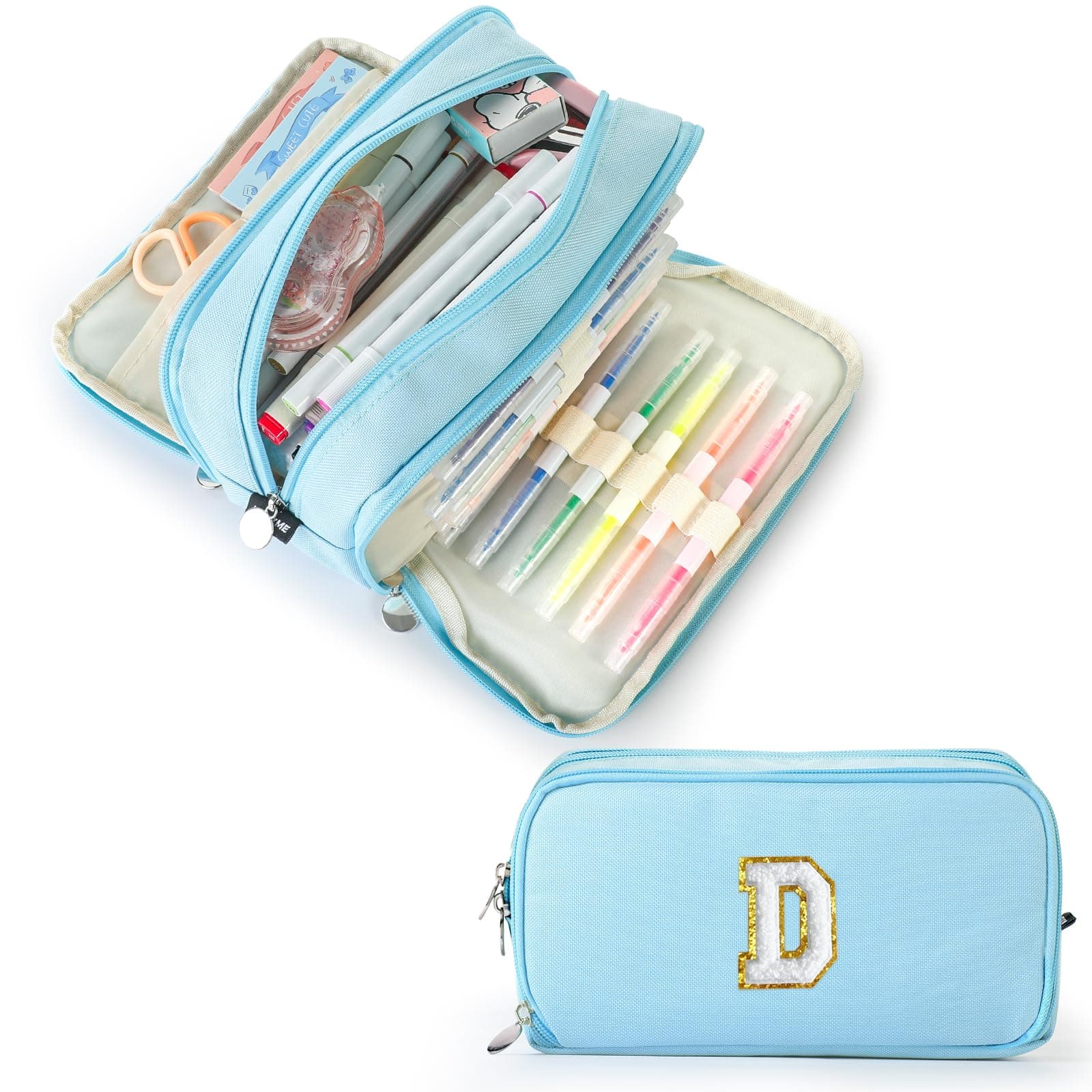 Extra Large Capacity Pencil Case 3 Compartment Initial Pencil Pouch Personalized Cute Aesthetic Stationery Pen Case Bag for School Teen Girl Boy Men Women Gift (D, Blue)