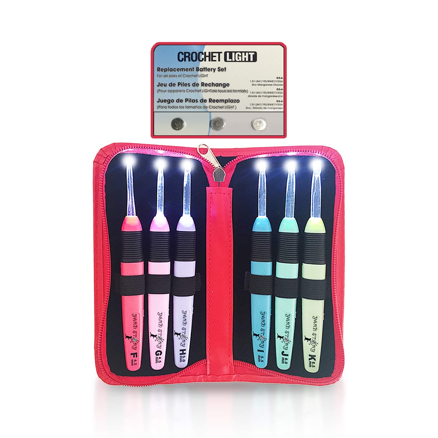 Lighted Crochet Hooks with Case, 6 pcs Set with 3 Pack Replacement Batteries - LED Lite Hooks with Ergonomic Soft Grip Handles - Set of 6 Hooks for Arthritic Hands - Size 4mm to 6.5mm (RED)