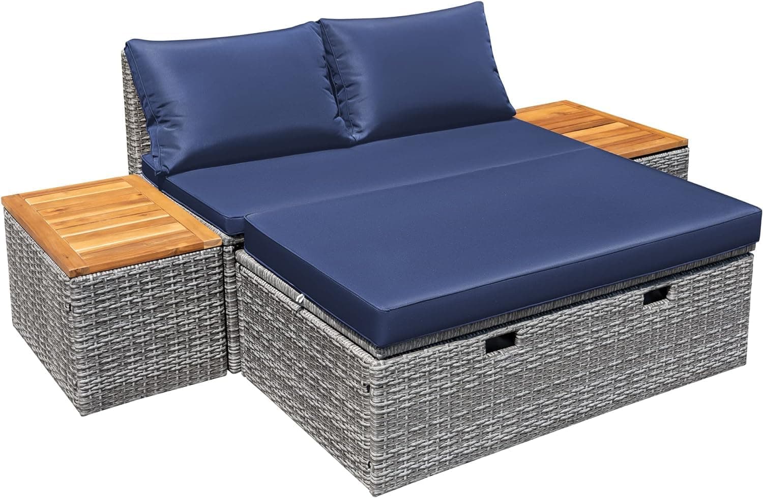 Devoko Wicker Sectional Sofa with Couch, Cushions, Storage Ottoman and 2 Side Tables for Backyard Porch Poolside Lawn Sofa Bed, Alloy Steel, Rattan, Wood, Wicker, Navy Blue