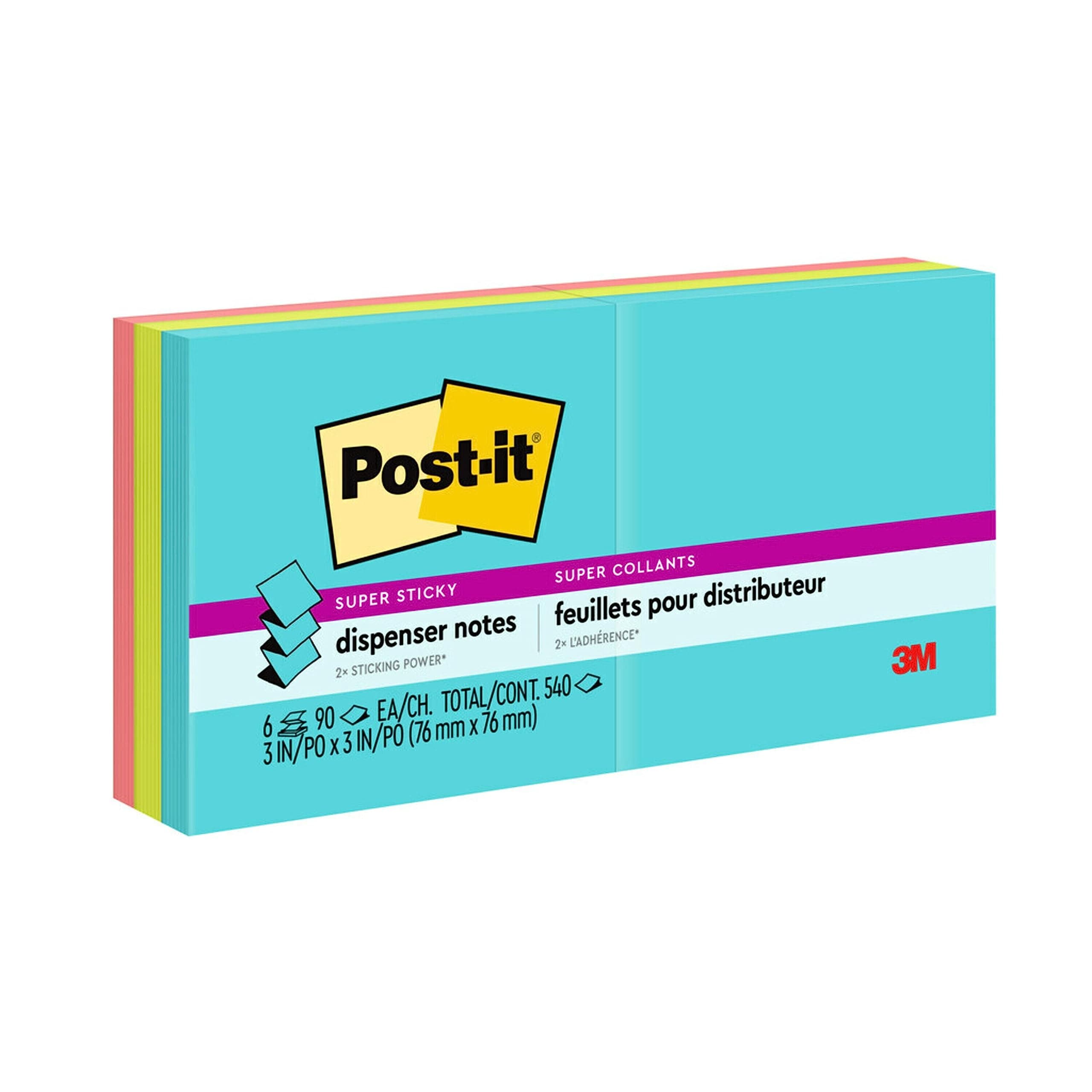 Post-it Pop-up Super Sticky Notes 3 x 3 in (76 x 76 mm) Miami Assorted colors R330, 6 pads/pack | Z-Notes | To use with dispenser | Extra Sticky Notes | Clean Removal | Recyclable | 90 sheets/pad