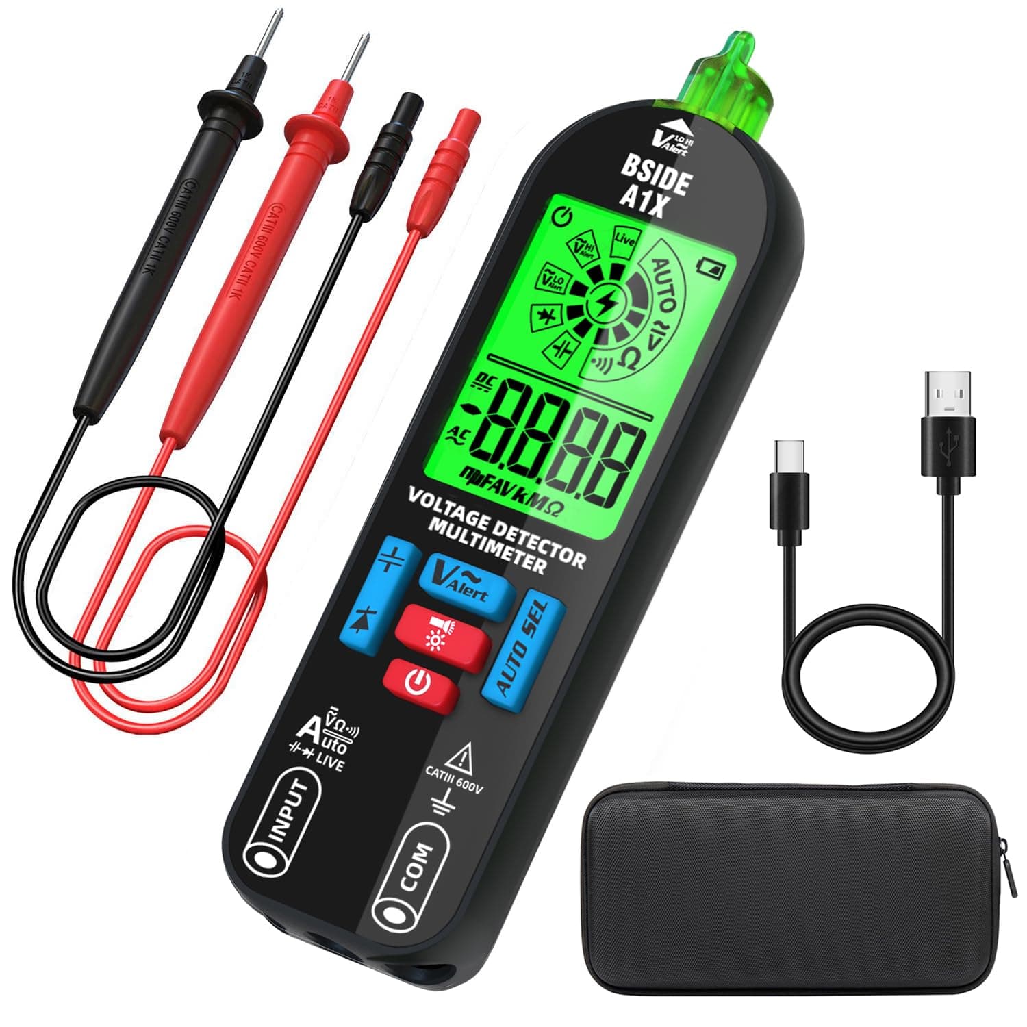 Digital Multimeter Tester Rechargeable Electrical Voltmeter, Smart Mode with Red & Green Backlight, Measures Capacitance Diode Ohm Continuity V-Alert DC AC Voltage with Carrying Case