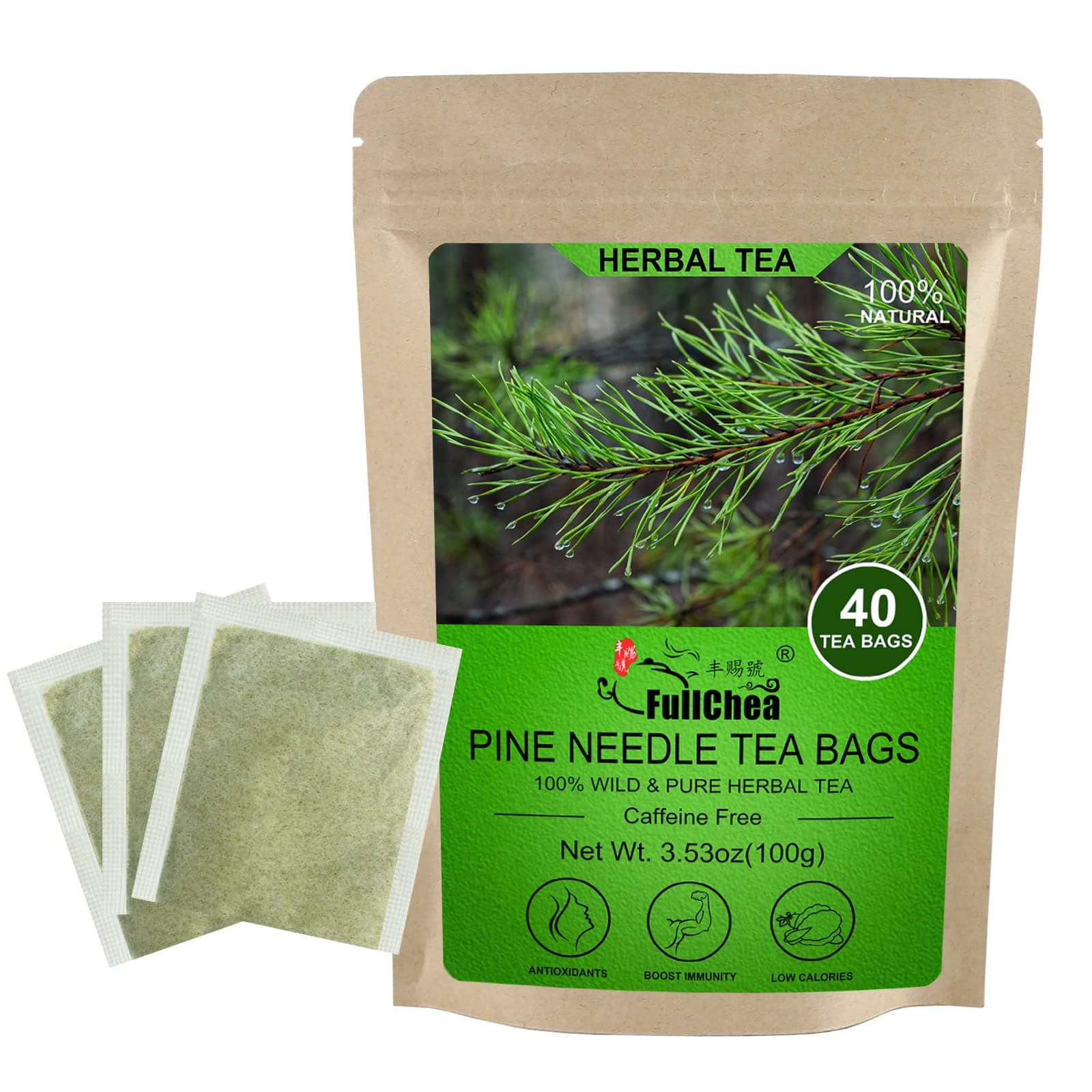 Dried Pine Needle Tea Bags, 40 Teabags, 2.5g/bag - 100% Wild Masson Pine Needles - Premium Herbal Tea - Caffeine-free - Rich In Vitamin & Antioxidants