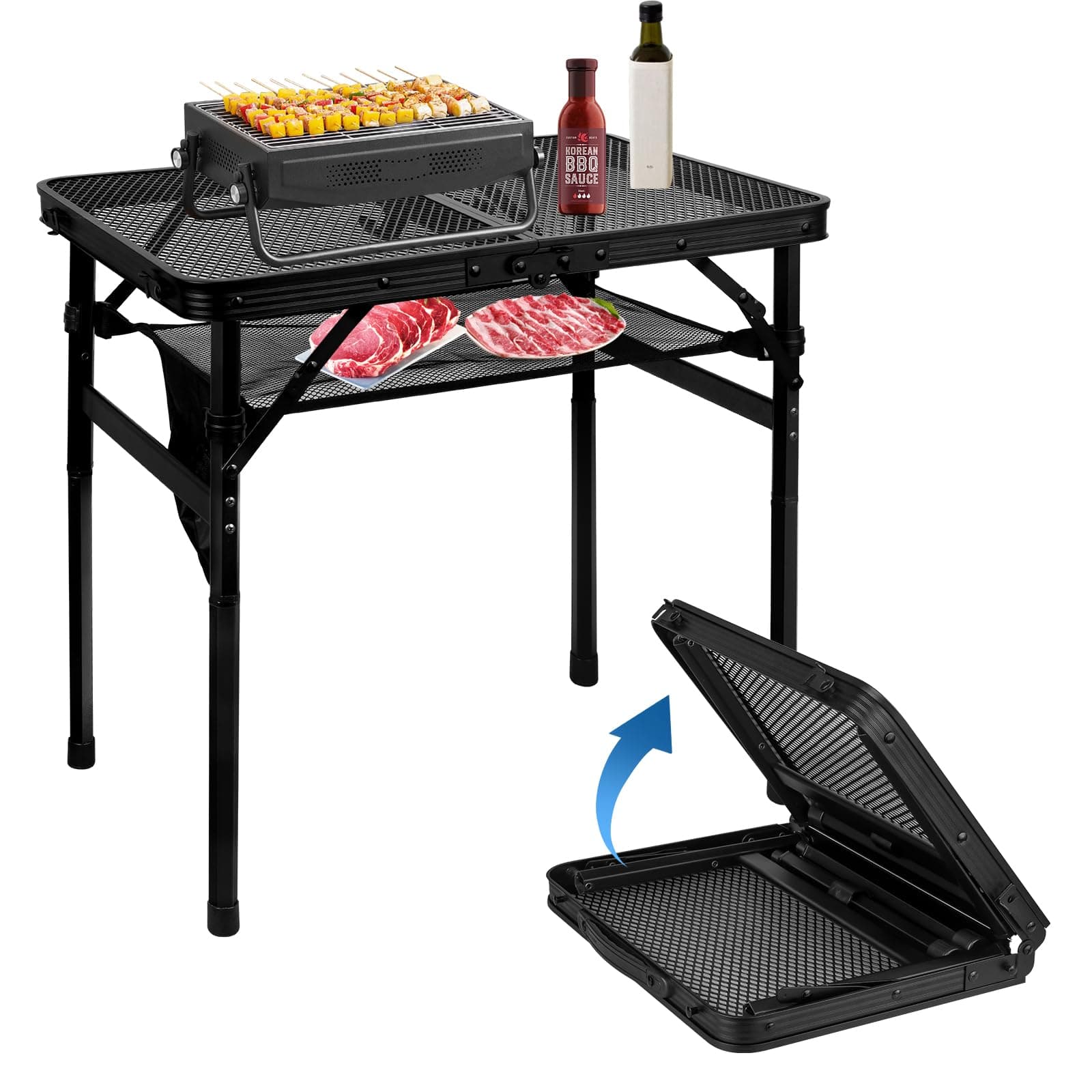 – Folding Camping Table - Portable BBQ Grill Table with Adjustable Height, Compact Small Outdoor Foldable Table for Cooking, Picnic, Garden & Campervan Accessories, Pizza Oven Stand
