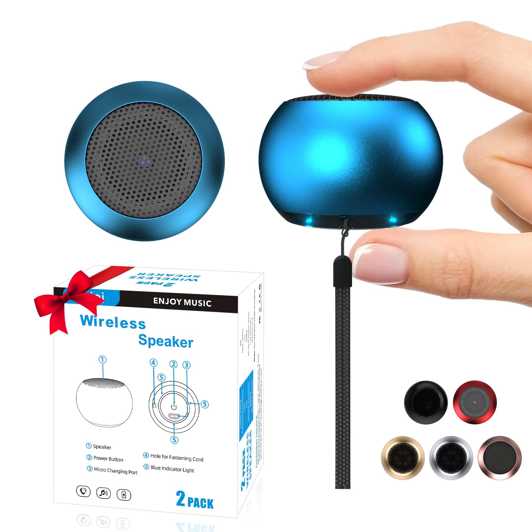 2Pack Portable Mini Speakers, Bluetooth Tiny Speaker,Rechargeable Wireless Micro Speaker for Phone/PC/Tablet, Built-in Microphone, Cute Mini Speakers with Strap to Carry, Blue