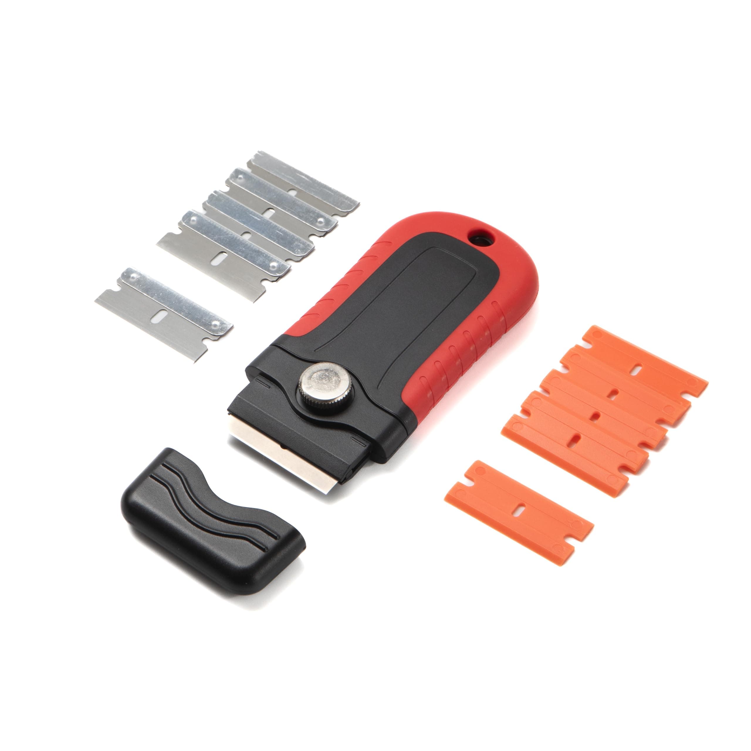 2 in 1 Plastic Scraper Tool Non Scratch -5 Plastic Scraper Blades & 5 Metal Single Edge Razor Blades - Glass Scraper For Hobs, Worktop & Wood - Oven Scraper Removes Burnt Food, Stickers, Paint & Glue