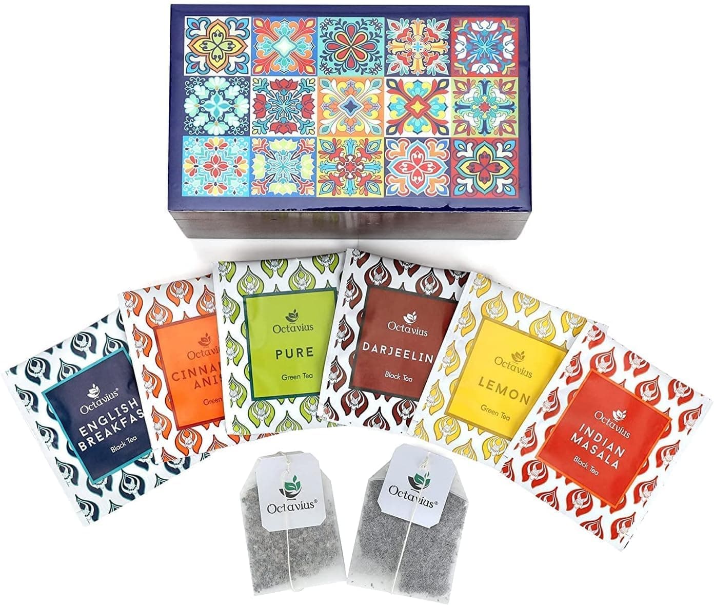 Octavius, Assorted Tea Sampler Gift Set (6 Flavors, 30 Tea Bags) | Black & Green Tea Sampler Pack | Tile Motif Design Wooden Tea Gift Set | Pack of 1